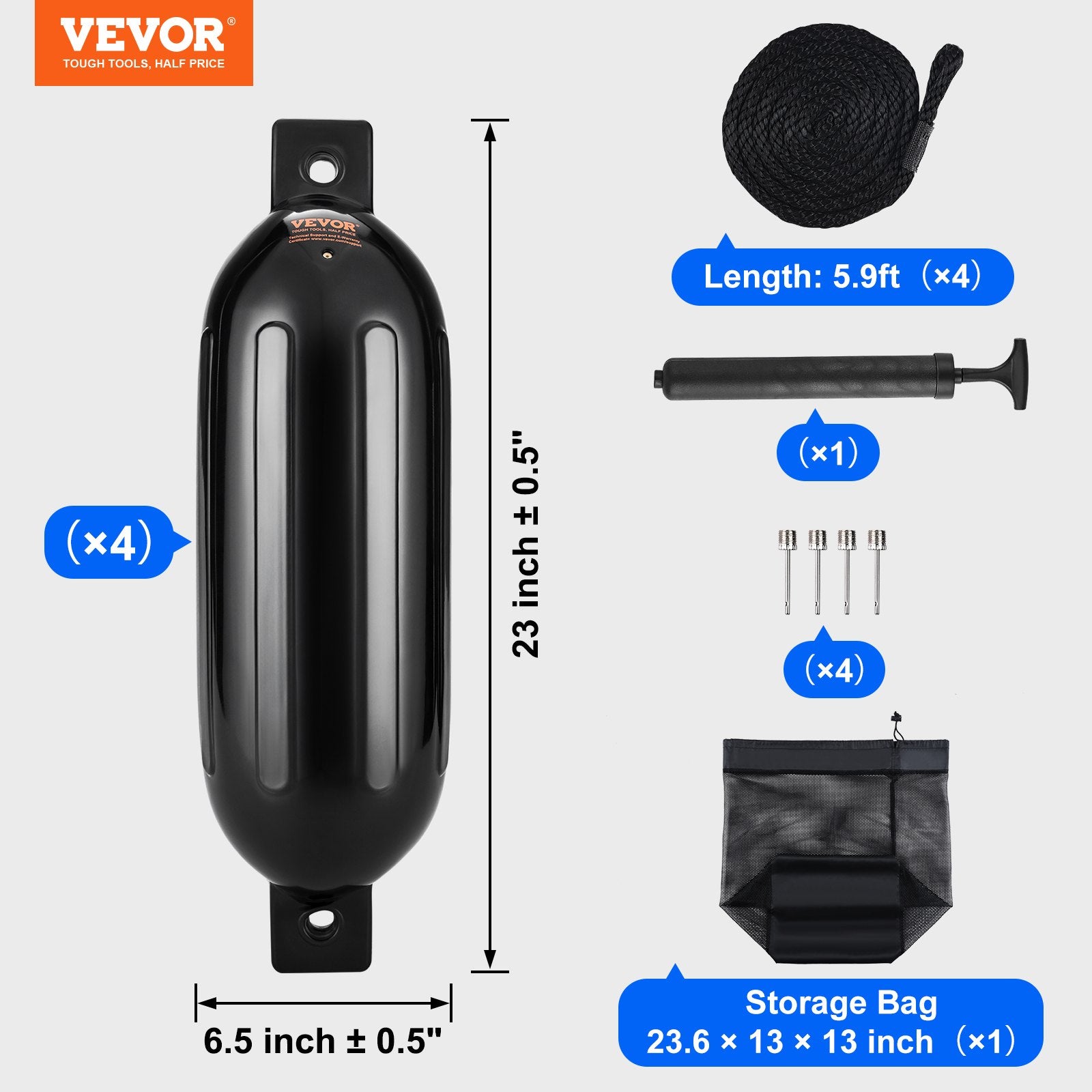Boating Accessories: VEVOR Boat Fenders, 6.5" x 23" Boat Bumpers for Docking, Inflatable Ribbed Fender with Center Holes, Marine Boat Dock Fender Bumper with Air Pump, 4 Needles and 4 Ropes and Storage Bag, Black