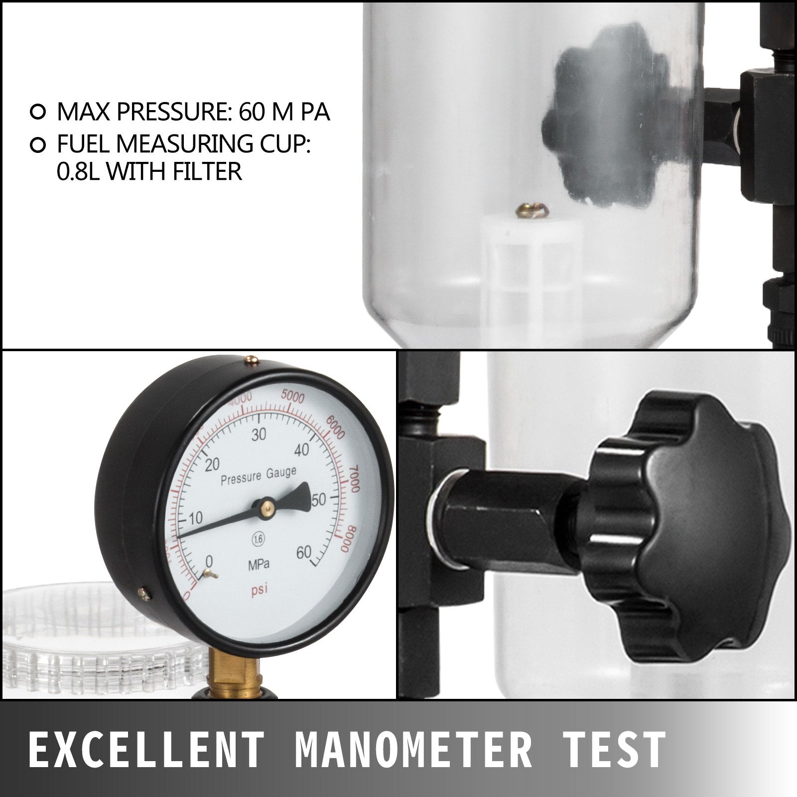 Automotive Gauges: Diesel Injector Nozzle 
Pressure Tester Dual scale Manometer Test Tool 0-600Bar (0-8000PSI) 
60Mpa Test Pressure High Configuration