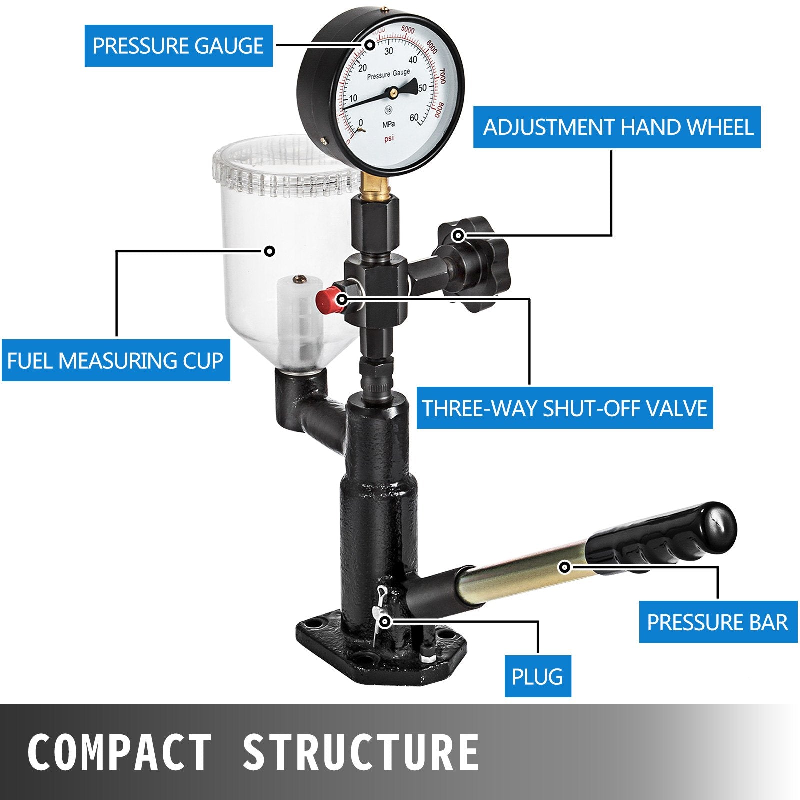 Automotive Gauges: Diesel Injector Nozzle 
Pressure Tester Dual scale Manometer Test Tool 0-600Bar (0-8000PSI) 
60Mpa Test Pressure High Configuration