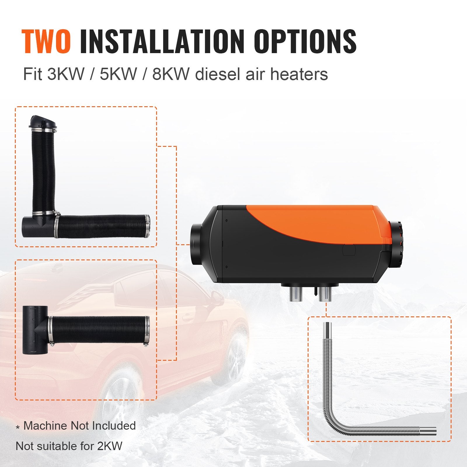 Fuel & Exhaust: VEVOR Diesel Heater Pipe Ducting Set, 3" Extendable Air Duct Hose, 1" Stainless Steel Exhaust Pipe, 2 Air Vents, Tee Air Outlet Connector and Hose Clamps, for 2KW/5KW/8KW Diesel Parking Heaters