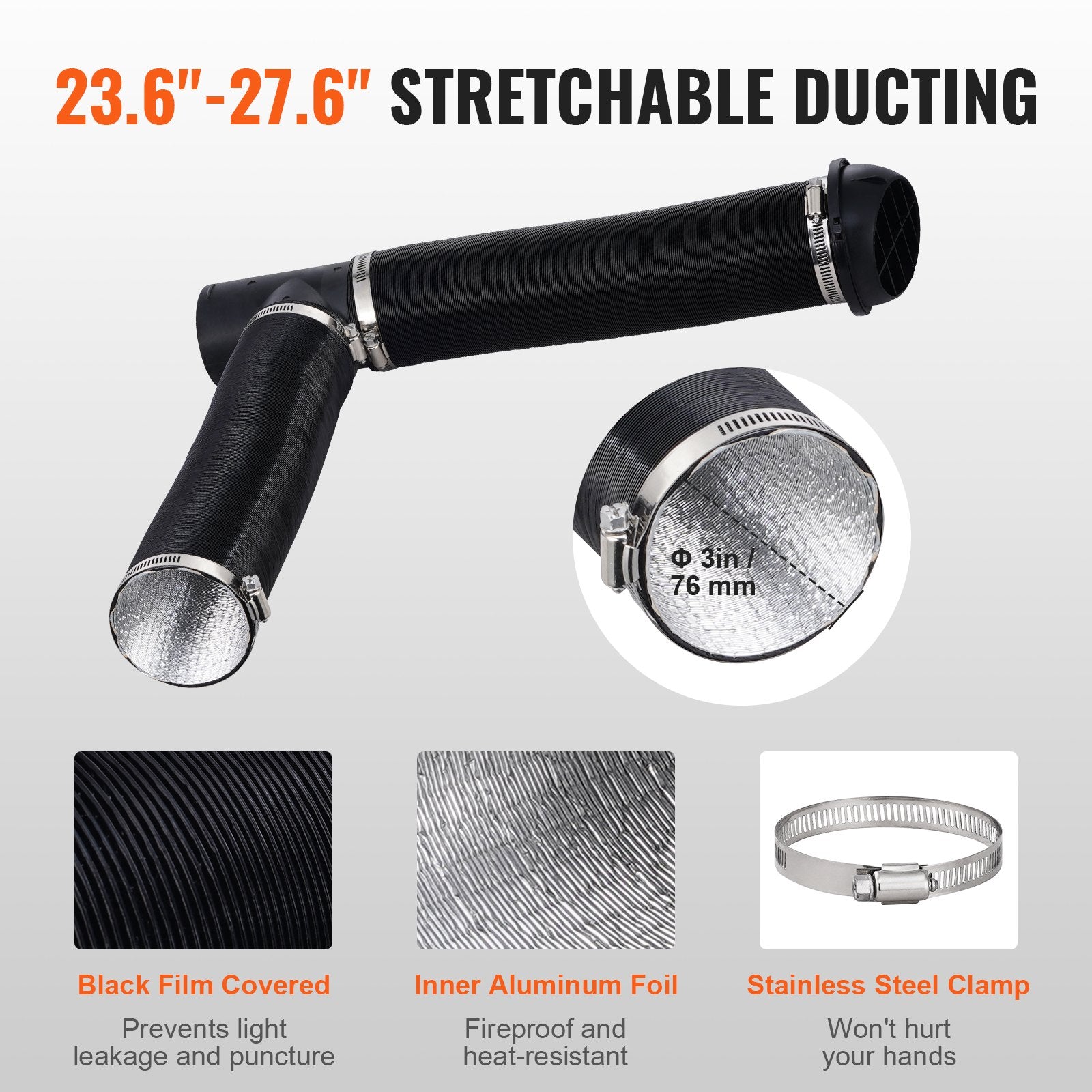 Fuel & Exhaust: VEVOR Diesel Heater Pipe Ducting Set, 3" Extendable Air Duct Hose, 1" Stainless Steel Exhaust Pipe, 2 Air Vents, Tee Air Outlet Connector and Hose Clamps, for 2KW/5KW/8KW Diesel Parking Heaters