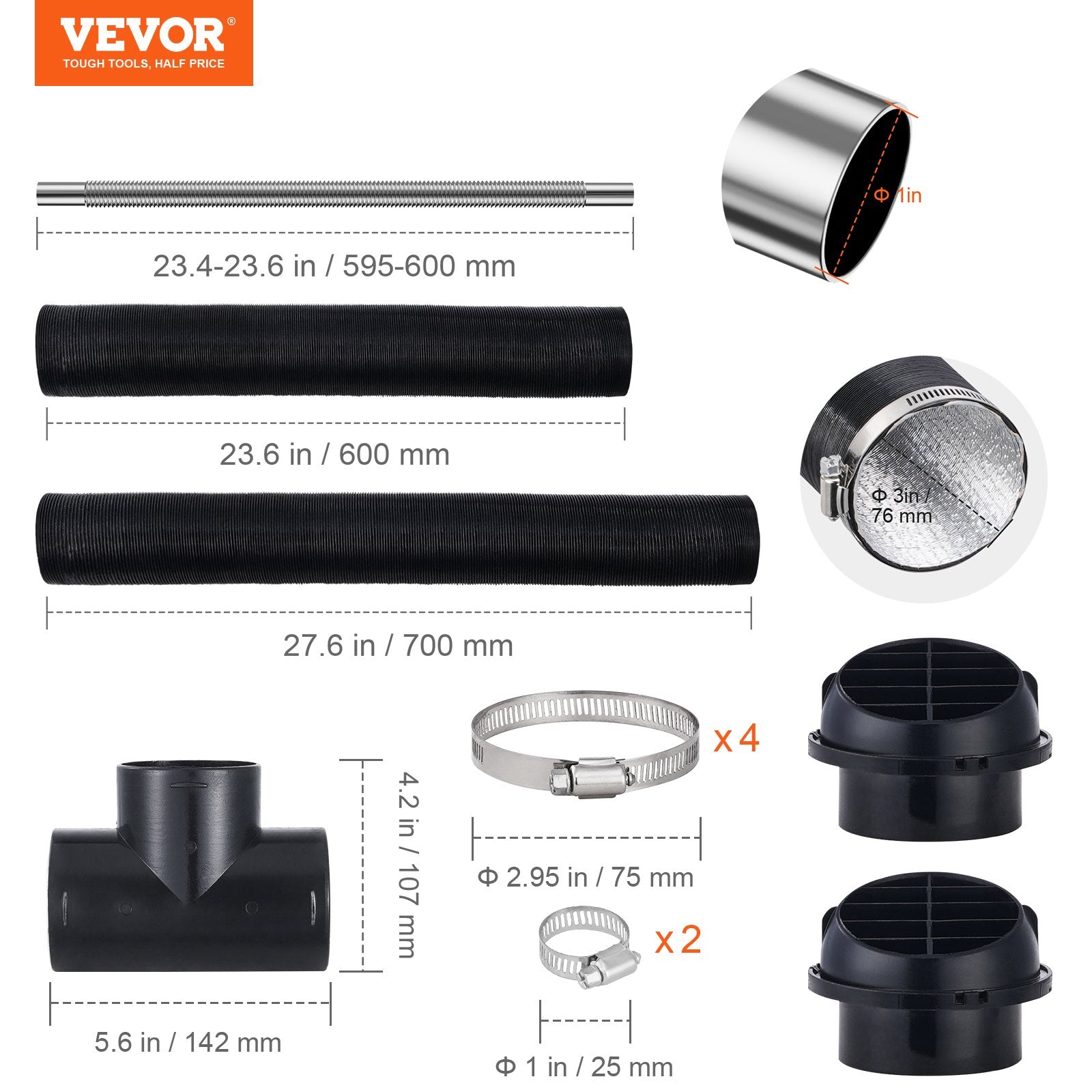 Fuel & Exhaust: VEVOR Diesel Heater Pipe Ducting Set, 3" Extendable Air Duct Hose, 1" Stainless Steel Exhaust Pipe, 2 Air Vents, Tee Air Outlet Connector and Hose Clamps, for 2KW/5KW/8KW Diesel Parking Heaters