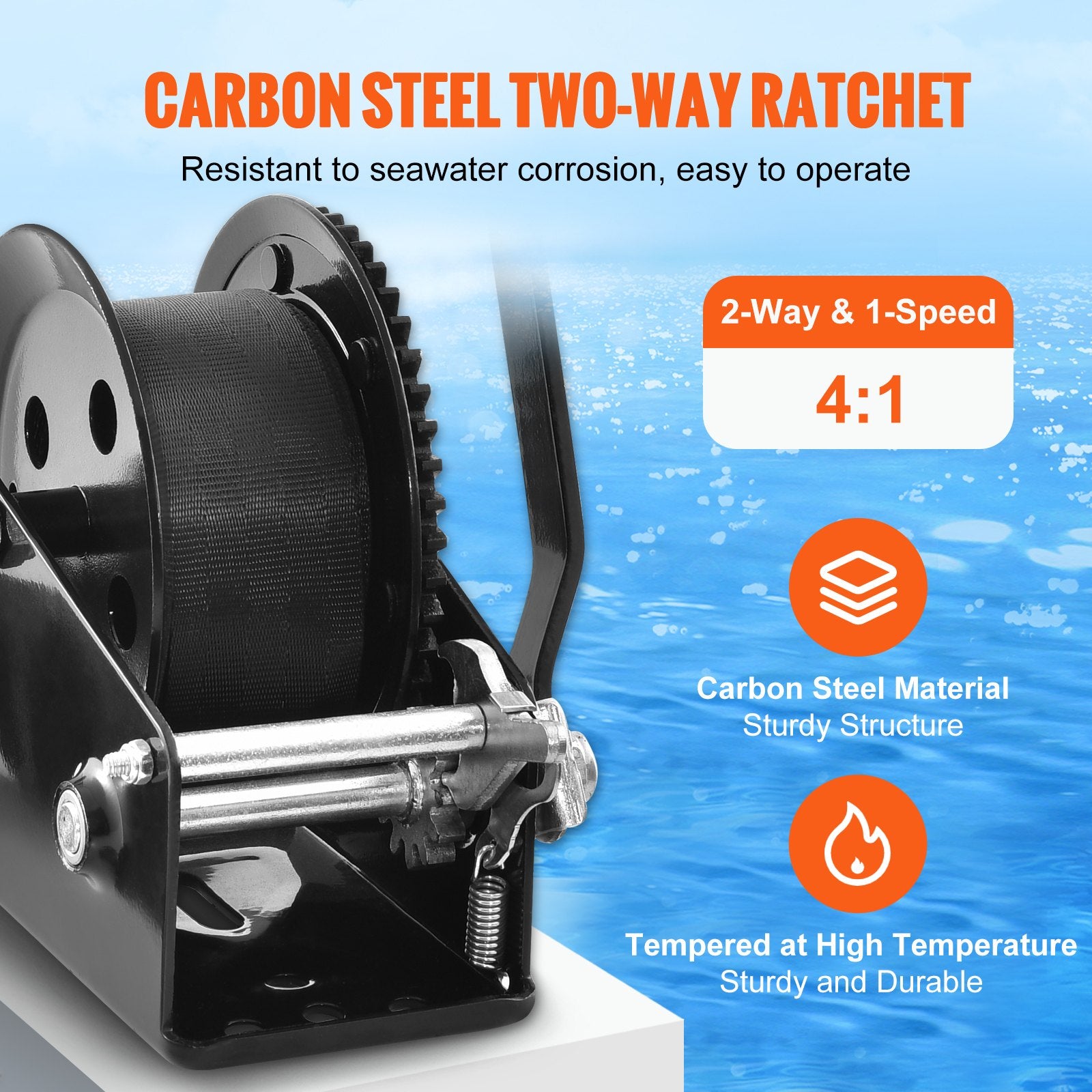 Hand Tools: VEVOR Hand Winch, 725.7 kg Pulling Capacity, Boat Trailer Winch Heavy Duty Rope Crank with 10 m Polyester Strap and Two-Way Ratchet, Manual Operated Hand Crank Winch for Trailer, Boat or ATV Towing