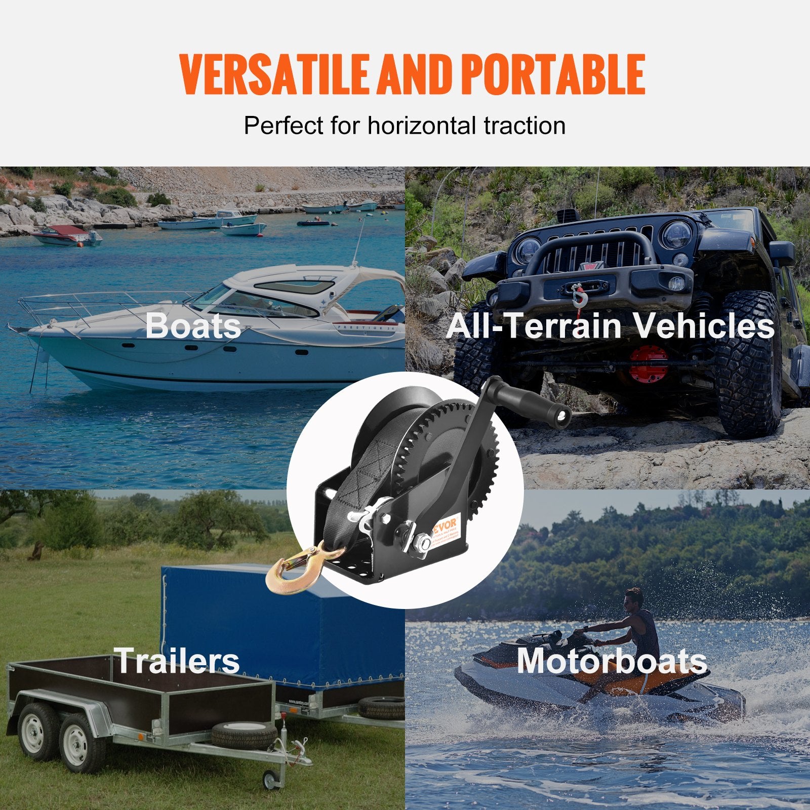 Hand Tools: VEVOR Hand Winch, 725.7 kg Pulling Capacity, Boat Trailer Winch Heavy Duty Rope Crank with 10 m Polyester Strap and Two-Way Ratchet, Manual Operated Hand Crank Winch for Trailer, Boat or ATV Towing