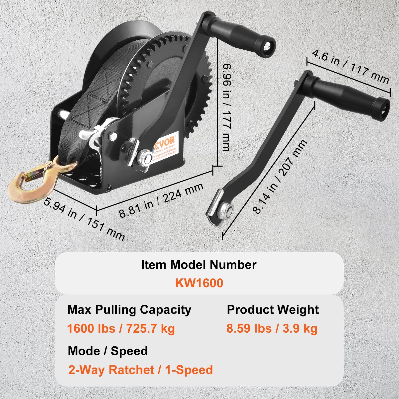 Hand Tools: VEVOR Hand Winch, 725.7 kg Pulling Capacity, Boat Trailer Winch Heavy Duty Rope Crank with 10 m Polyester Strap and Two-Way Ratchet, Manual Operated Hand Crank Winch for Trailer, Boat or ATV Towing