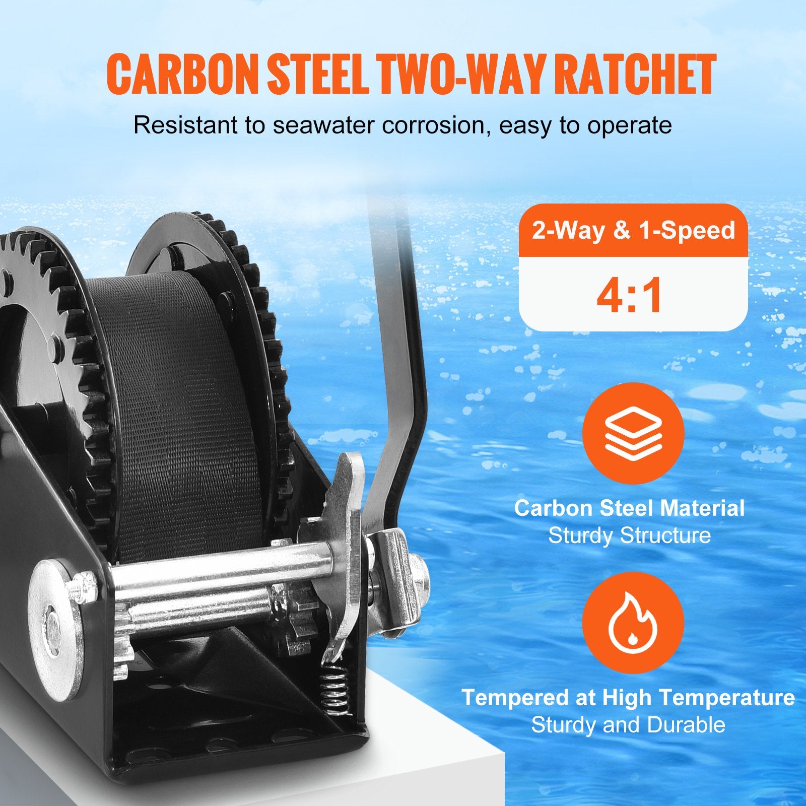 Hand Tools: VEVOR Hand Winch, 907.1 kg Pulling Capacity, Boat Trailer Winch Heavy Duty Rope Crank with 7 m Polyester Strap and Two-Way Ratchet, Manual Operated Hand Crank Winch for Trailer, Boat or ATV Towing