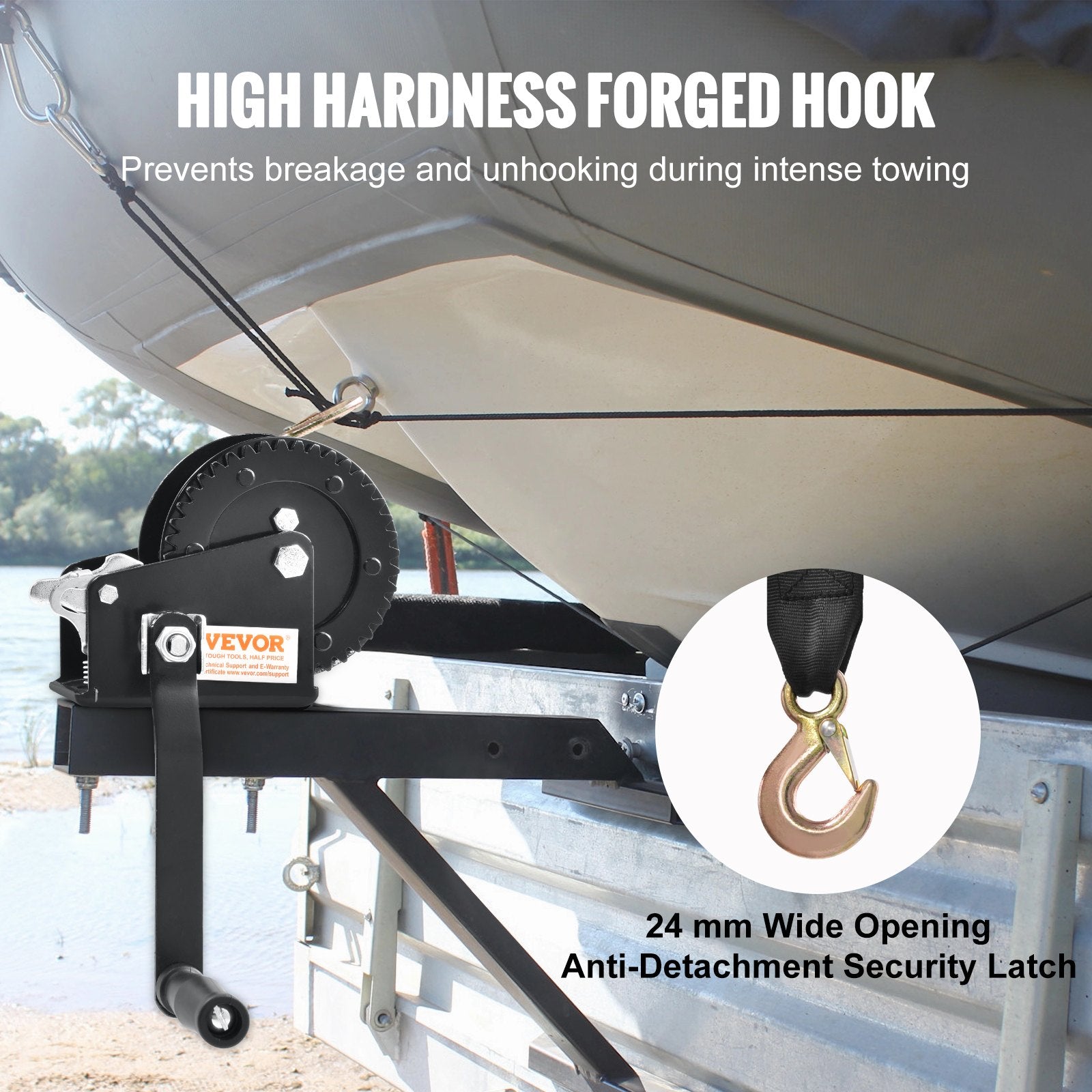 Hand Tools: VEVOR Hand Winch, 907.1 kg Pulling Capacity, Boat Trailer Winch Heavy Duty Rope Crank with 7 m Polyester Strap and Two-Way Ratchet, Manual Operated Hand Crank Winch for Trailer, Boat or ATV Towing