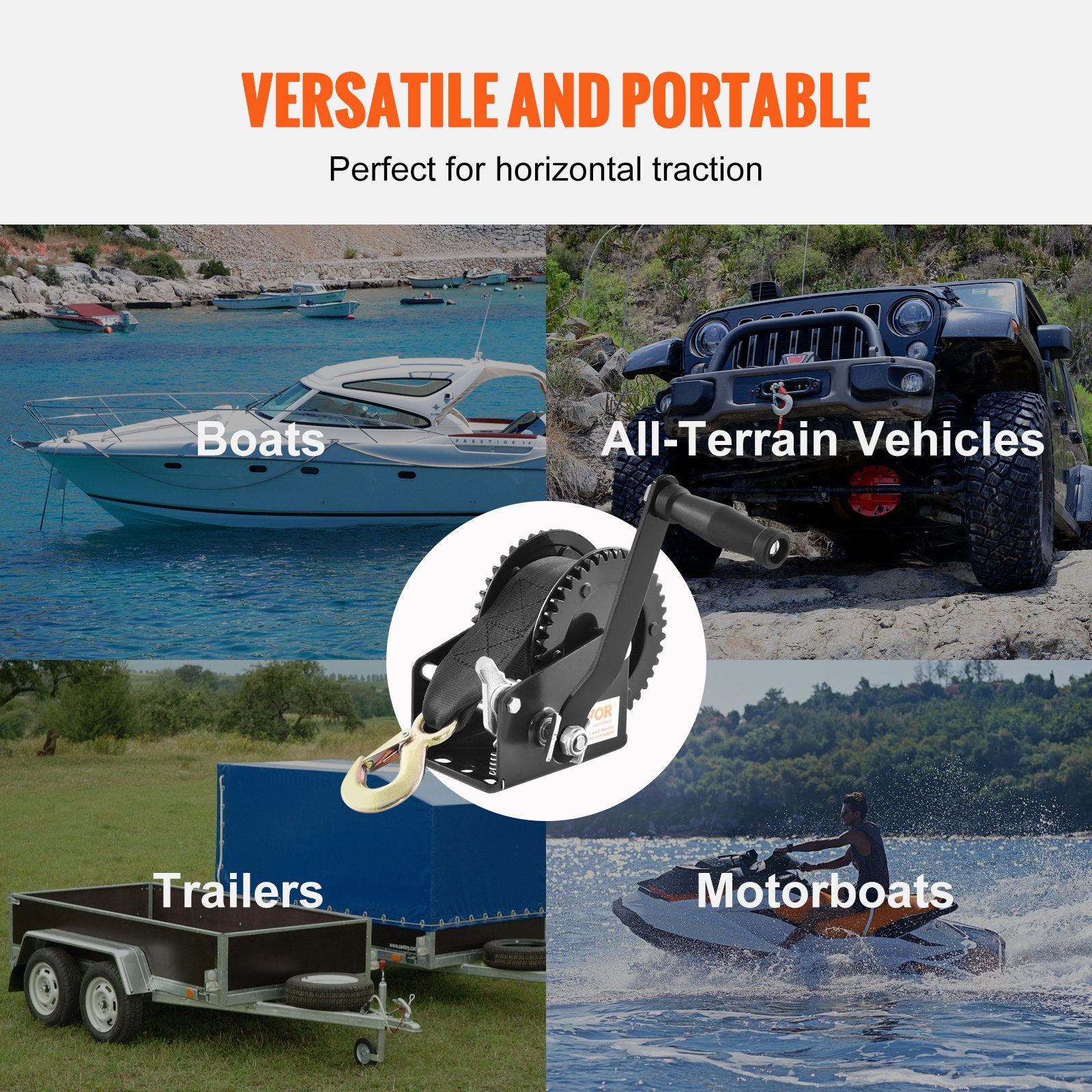 Hand Tools: VEVOR Hand Winch, 907.1 kg Pulling Capacity, Boat Trailer Winch Heavy Duty Rope Crank with 7 m Polyester Strap and Two-Way Ratchet, Manual Operated Hand Crank Winch for Trailer, Boat or ATV Towing