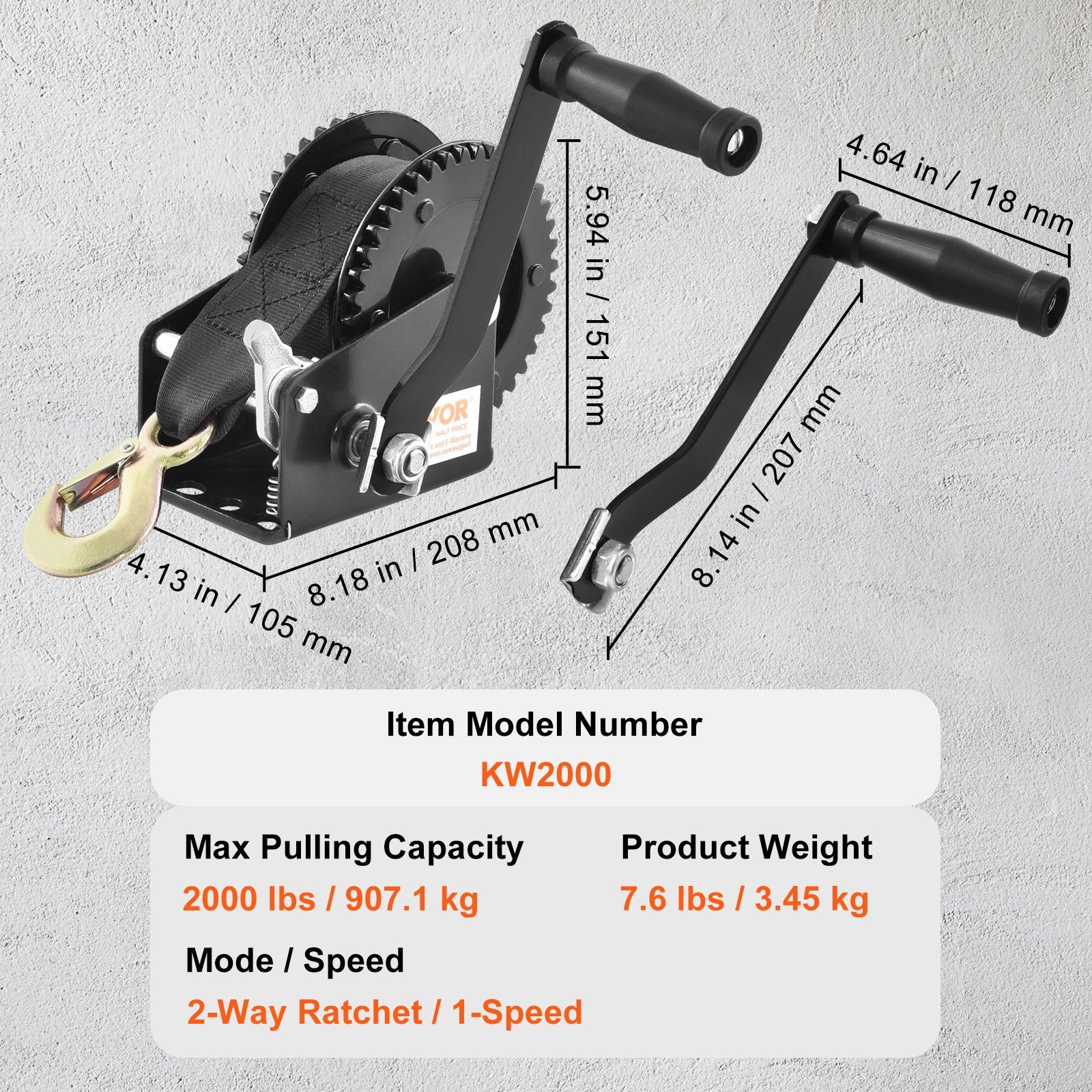 Hand Tools: VEVOR Hand Winch, 907.1 kg Pulling Capacity, Boat Trailer Winch Heavy Duty Rope Crank with 7 m Polyester Strap and Two-Way Ratchet, Manual Operated Hand Crank Winch for Trailer, Boat or ATV Towing