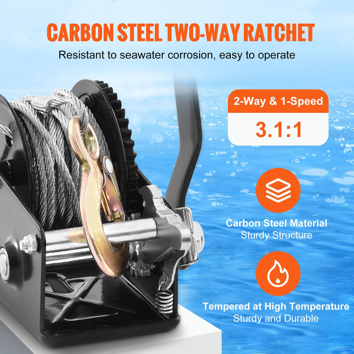Hand Winch, 362.8 kg Pulling Capacity, Boat Trailer Winch Heavy Duty Rope Crank with 10 m Steel Wire Cable and Two-Way Ratchet, Manual Operated Hand Crank Winch for Trailer, Boat or ATV Towing