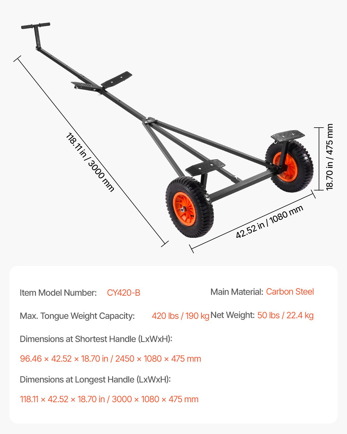 Boating Accessories: 420lbs Boat Trailer Dolly Mover Adjustable Length with 15.7 in Pneumatic Tires