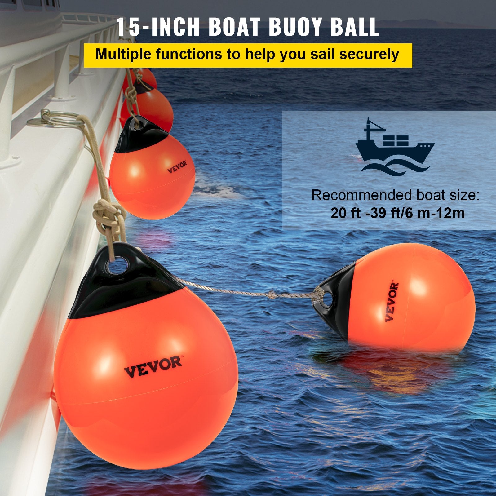Boating Accessories: VEVOR Boat Buoy Balls, 15"" Diameter Inflatable Heavy-Duty Marine-Grade PVC Marker Buoys, Round Boat Mooring Buoys, Anchoring, Rafting, Marking, Fishing, Orange