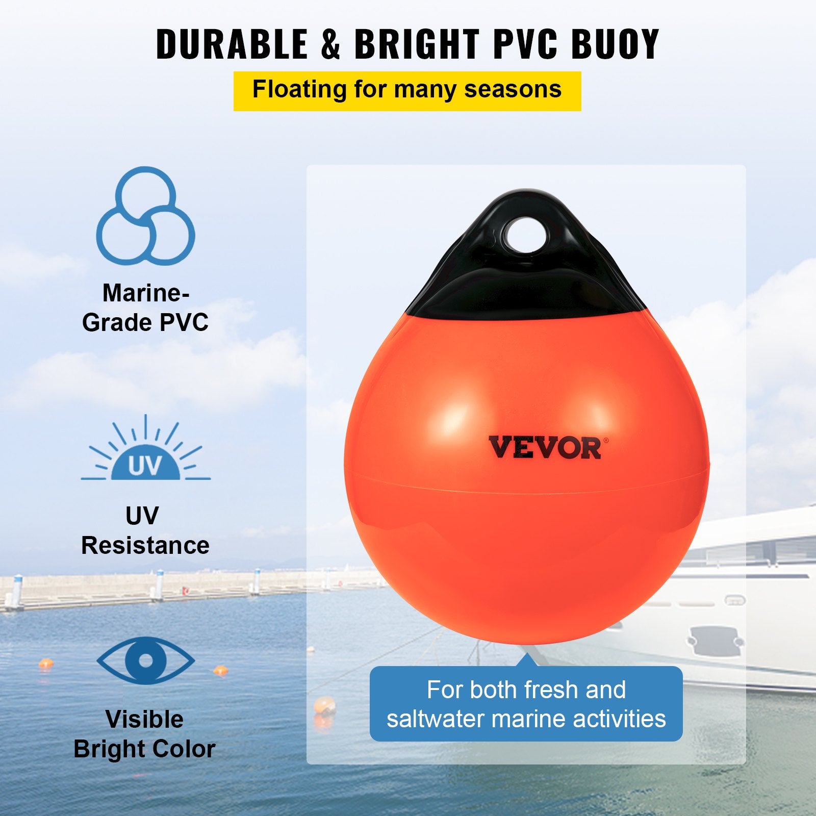 Boating Accessories: VEVOR Boat Buoy Balls, 15"" Diameter Inflatable Heavy-Duty Marine-Grade PVC Marker Buoys, Round Boat Mooring Buoys, Anchoring, Rafting, Marking, Fishing, Orange