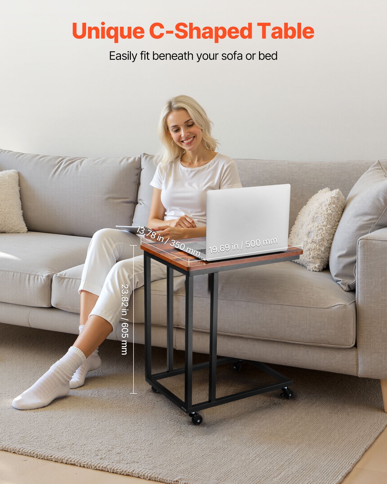 Desk Accessories: VEVOR C Table, C Shaped Sofa Side Table with Metal Frame Rolling Casters, Portable C Shaped End Stand for Living Room Bedroom Office, 19.69 x 13.78 x 23.82 inches Laptop Side Tables, Brown and Black