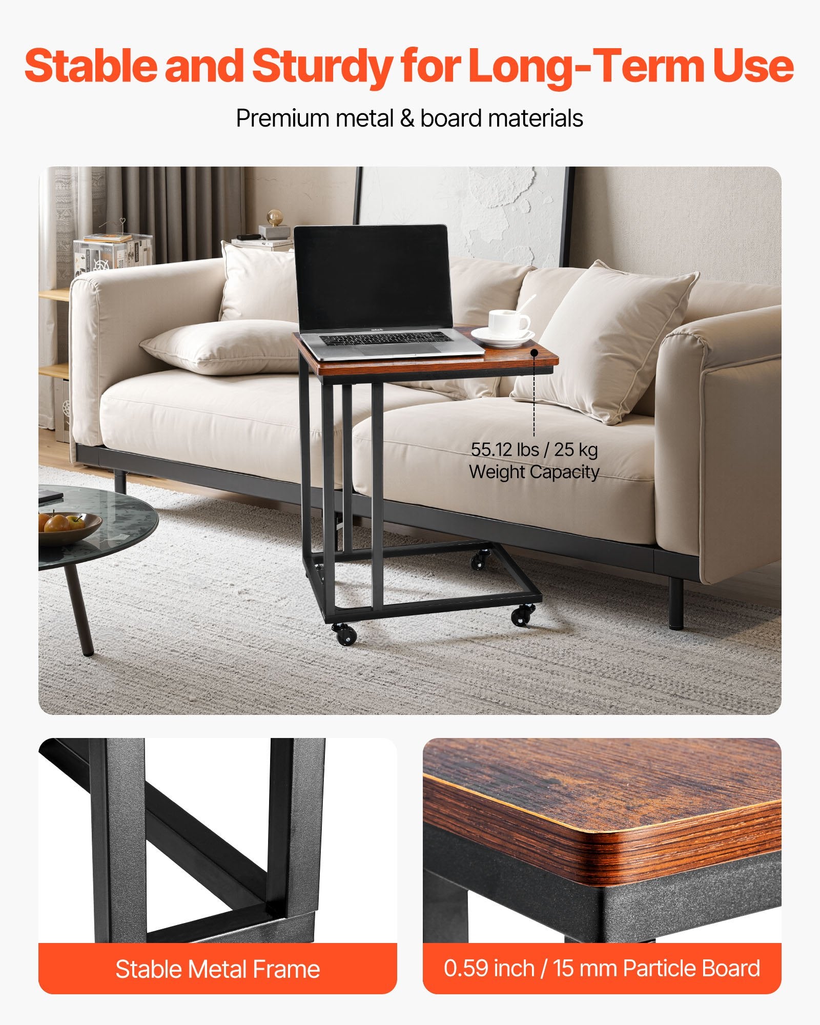 Desk Accessories: VEVOR C Table, C Shaped Sofa Side Table with Metal Frame Rolling Casters, Portable C Shaped End Stand for Living Room Bedroom Office, 19.69 x 13.78 x 23.82 inches Laptop Side Tables, Brown and Black