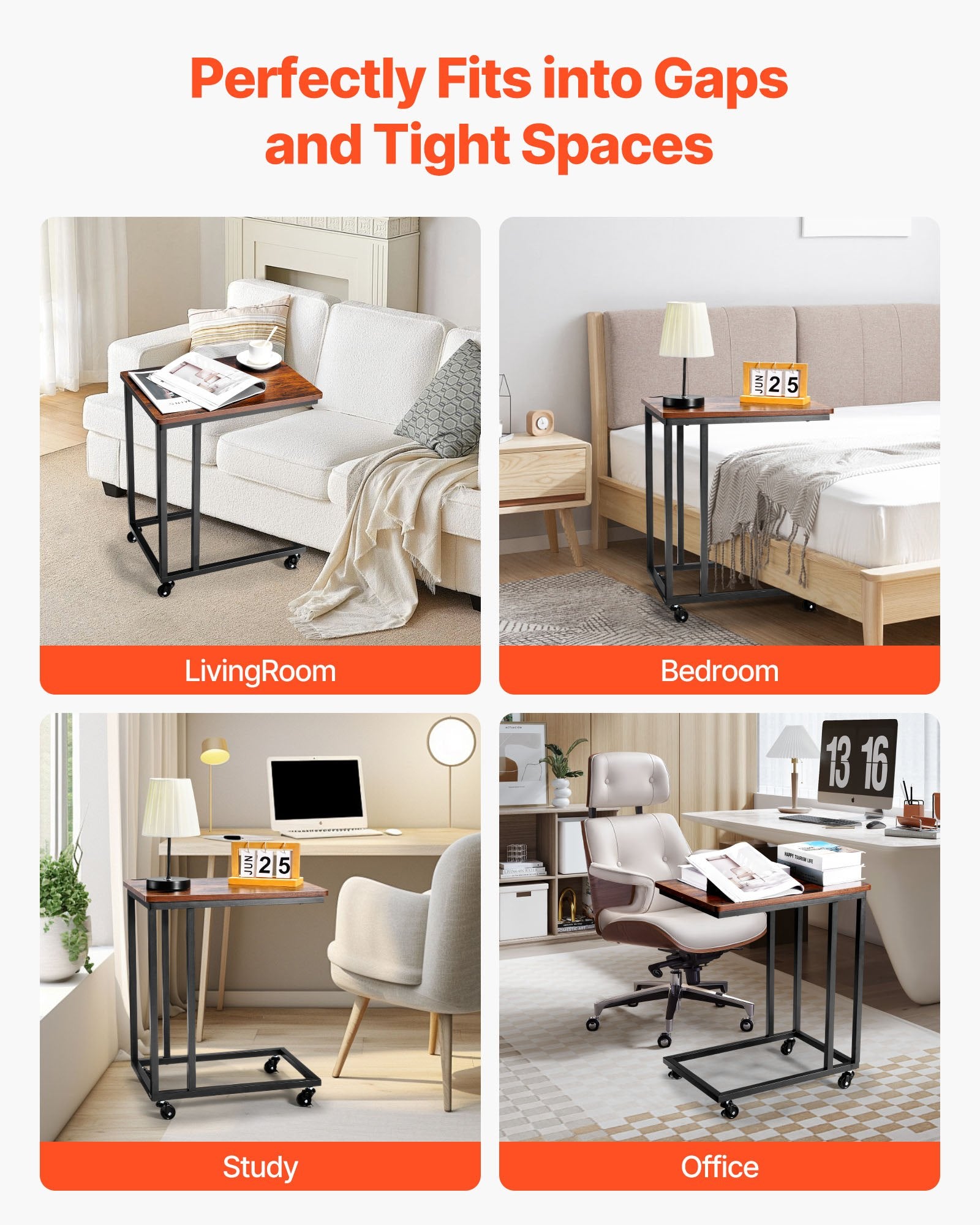 Desk Accessories: VEVOR C Table, C Shaped Sofa Side Table with Metal Frame Rolling Casters, Portable C Shaped End Stand for Living Room Bedroom Office, 19.69 x 13.78 x 23.82 inches Laptop Side Tables, Brown and Black