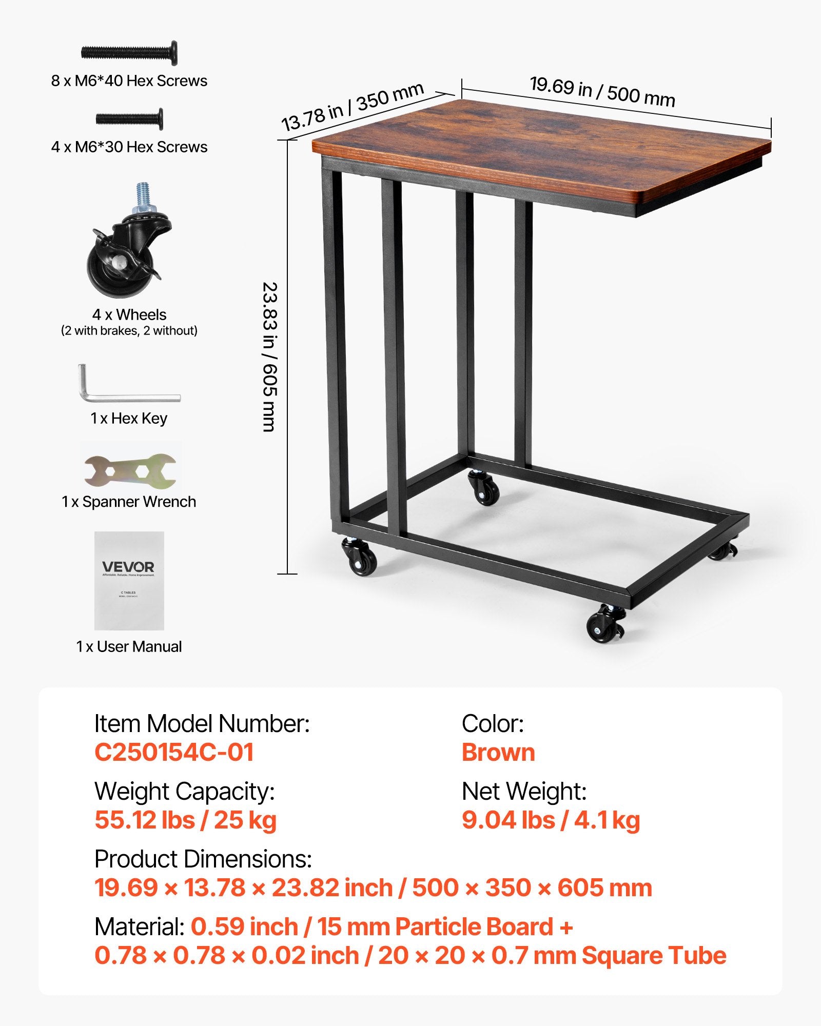 Desk Accessories: VEVOR C Table, C Shaped Sofa Side Table with Metal Frame Rolling Casters, Portable C Shaped End Stand for Living Room Bedroom Office, 19.69 x 13.78 x 23.82 inches Laptop Side Tables, Brown and Black