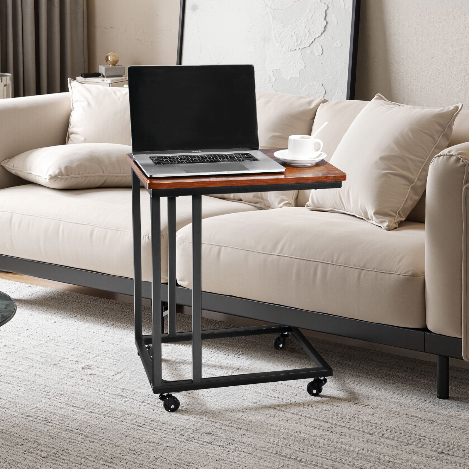 Desk Accessories: VEVOR C Table, C Shaped Sofa Side Table with Metal Frame Rolling Casters, Portable C Shaped End Stand for Living Room Bedroom Office, 19.69 x 13.78 x 23.82 inches Laptop Side Tables, Brown and Black