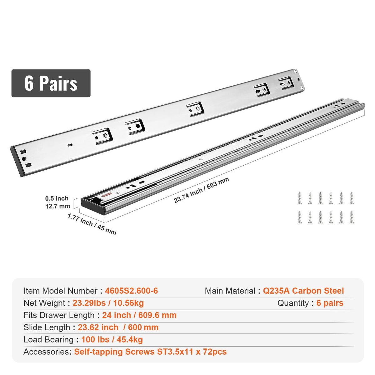 6 Pairs of 609.6mm Drawer Slides Side Mount Rails, Heavy Duty Full Extension Steel Track, Soft-Close Noiseless Guide Glides Cabinet Kitchen Runners with Ball Bearing, 100 Lbs Load Capacity