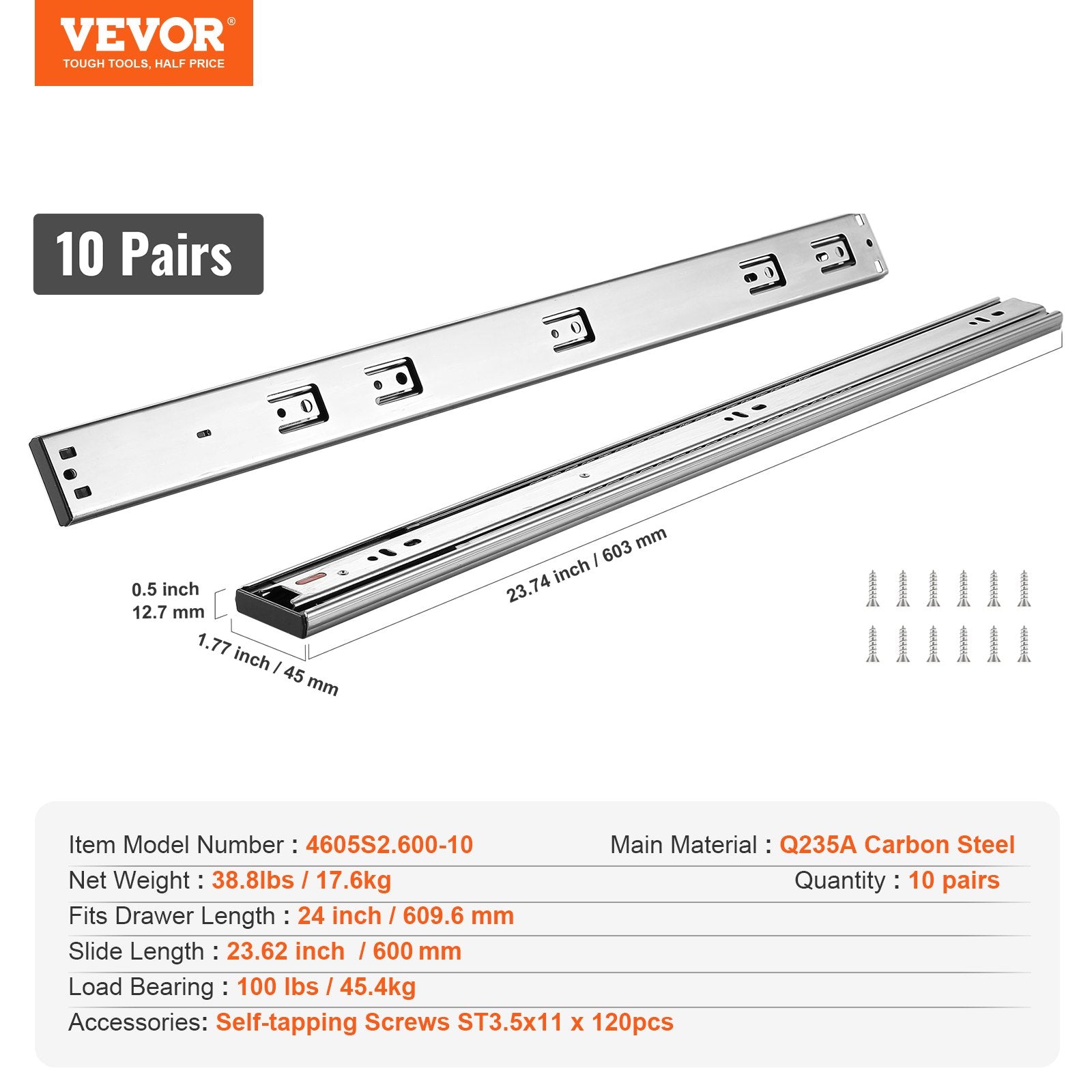 Basketball & Basketball Accessories: VEVOR 10 Pairs of 609.6mm Drawer Slides Side Mount Rails, Heavy Duty Full Extension Steel Track, Soft-Close Noiseless Guide Glides Cabinet Kitchen Runners with Ball Bearing, 100 Lbs Load Capacity