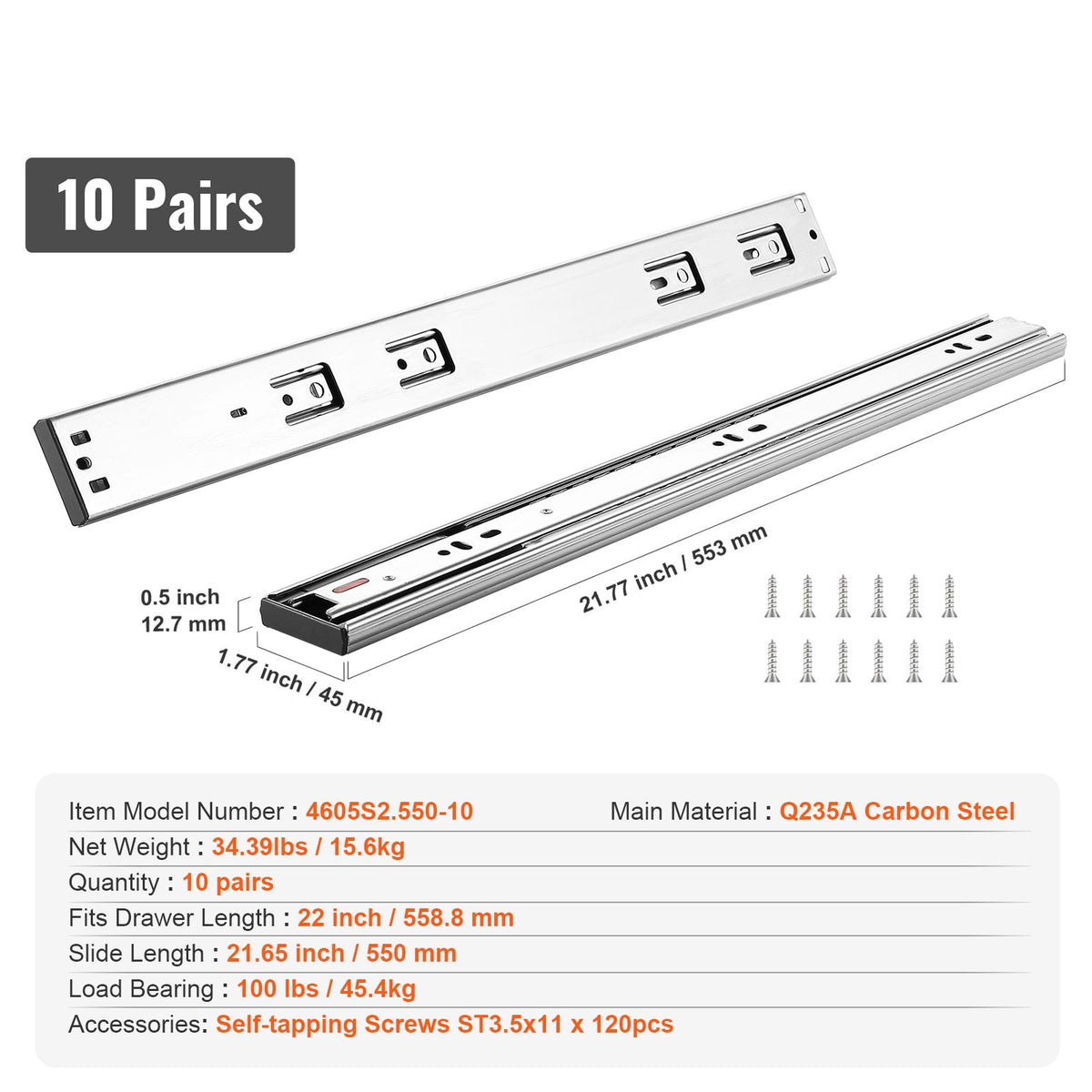 10 Pairs of 558.8mm Drawer Slides Side Mount Rails, Heavy Duty Full Extension Steel Track, Soft-Close Noiseless Guide Glides Cabinet Kitchen Runners with Ball Bearing, 100 Lbs Load Capacity