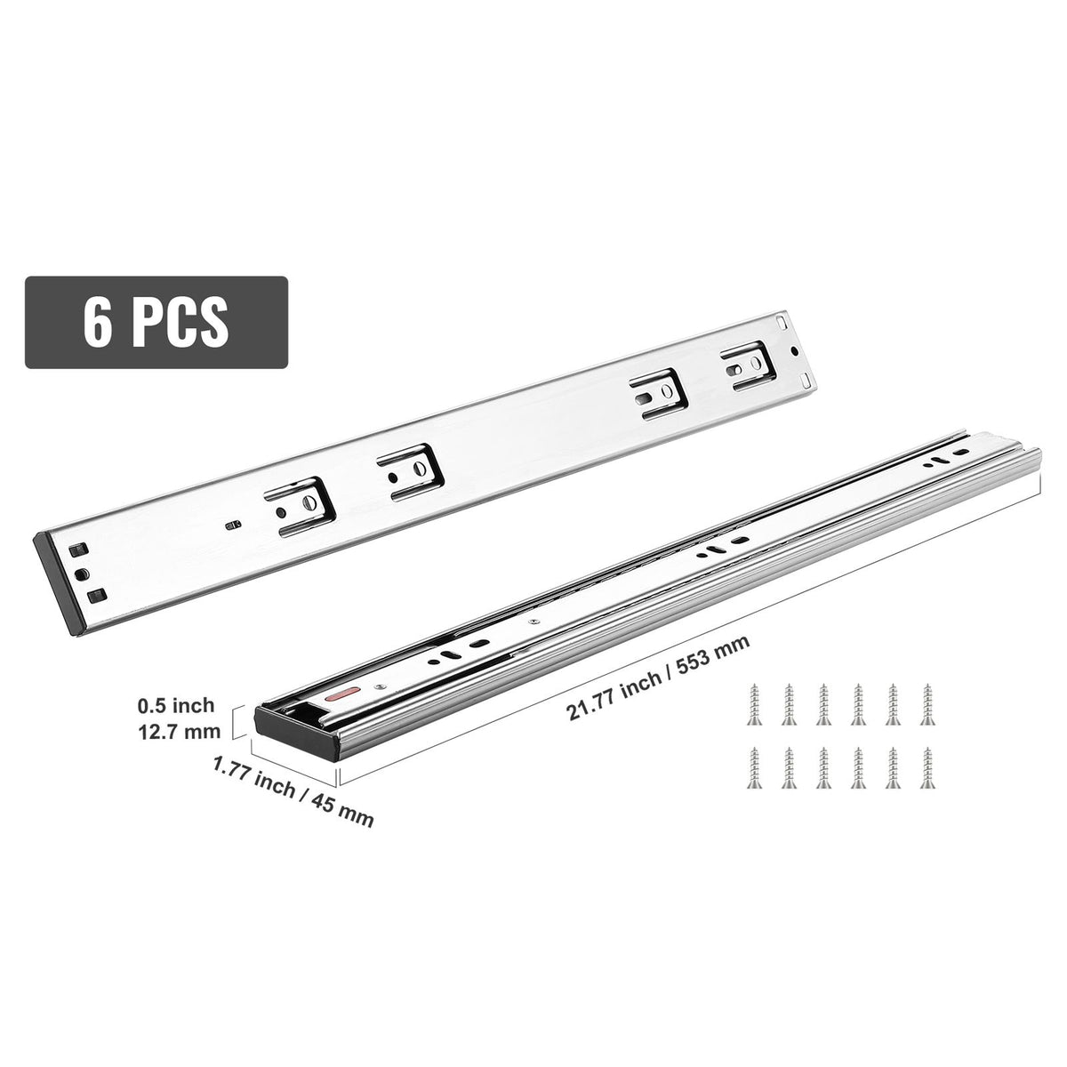 6 Pairs of 558.8mm Drawer Slides Side Mount Rails, Heavy Duty Full Extension Steel Track, Soft-Close Noiseless Guide Glides Cabinet Kitchen Runners with Ball Bearing, 100 Lbs Load Capacity