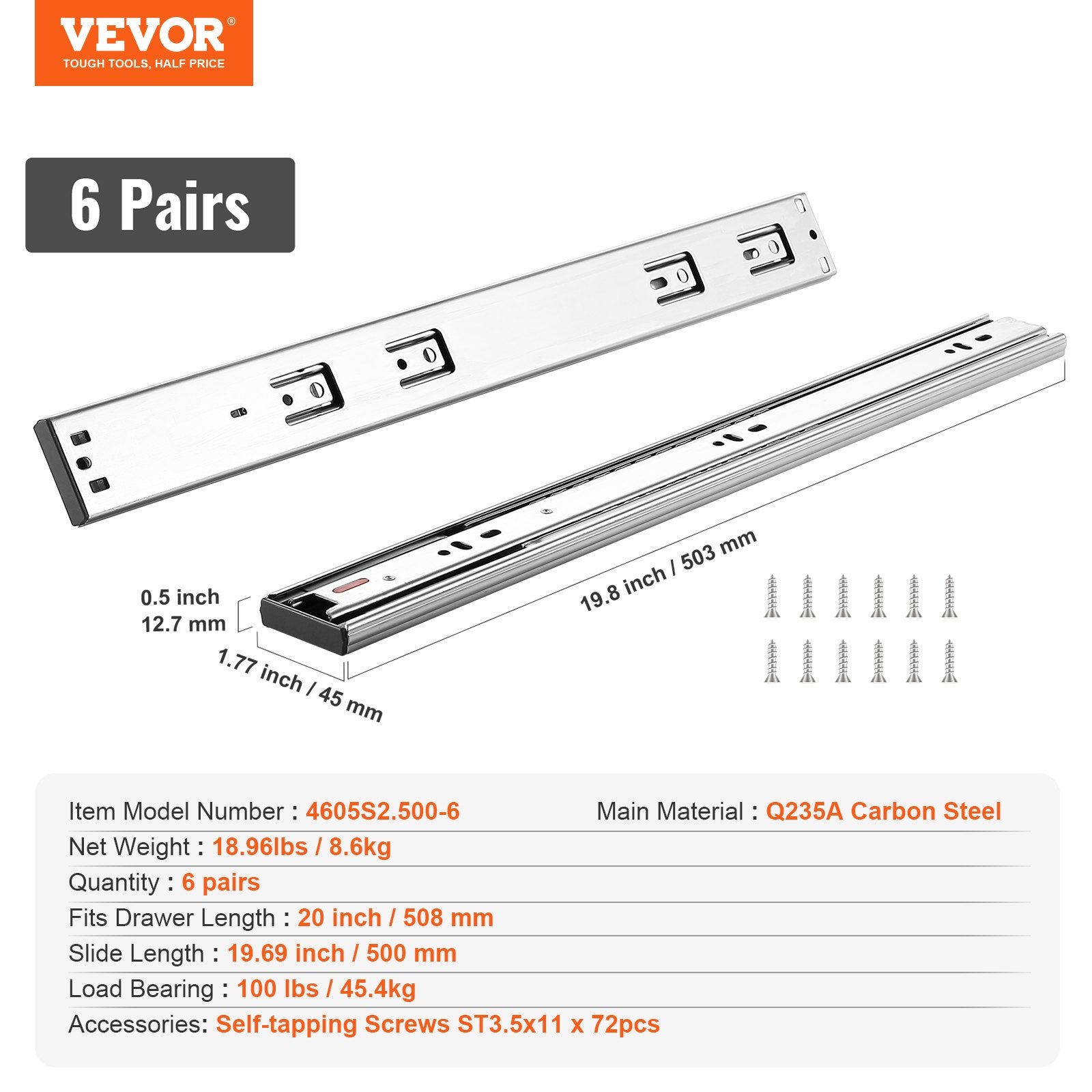Basketball & Basketball Accessories: VEVOR 6 Pairs of 508mm Drawer Slides Side Mount Rails, Heavy Duty Full Extension Steel Track, Soft-Close Noiseless Guide Glides Cabinet Kitchen Runners with Ball Bearing, 100 Lbs Load Capacity