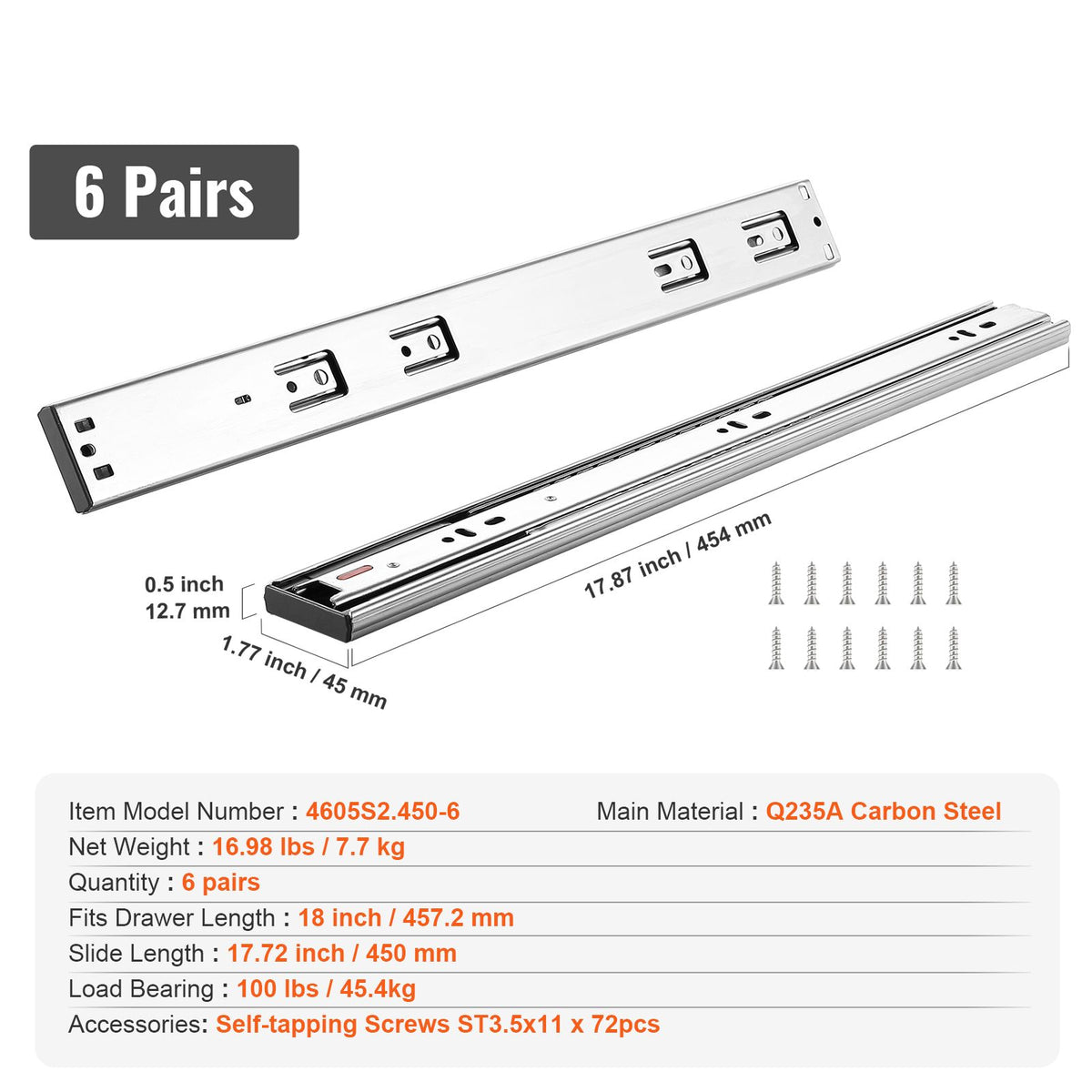 6 Pairs of 457.2mm Drawer Slides Side Mount Rails, Heavy Duty Full Extension Steel Track, Soft-Close Noiseless Guide Glides Cabinet Kitchen Runners with Ball Bearing, 100 Lbs Load Capacity