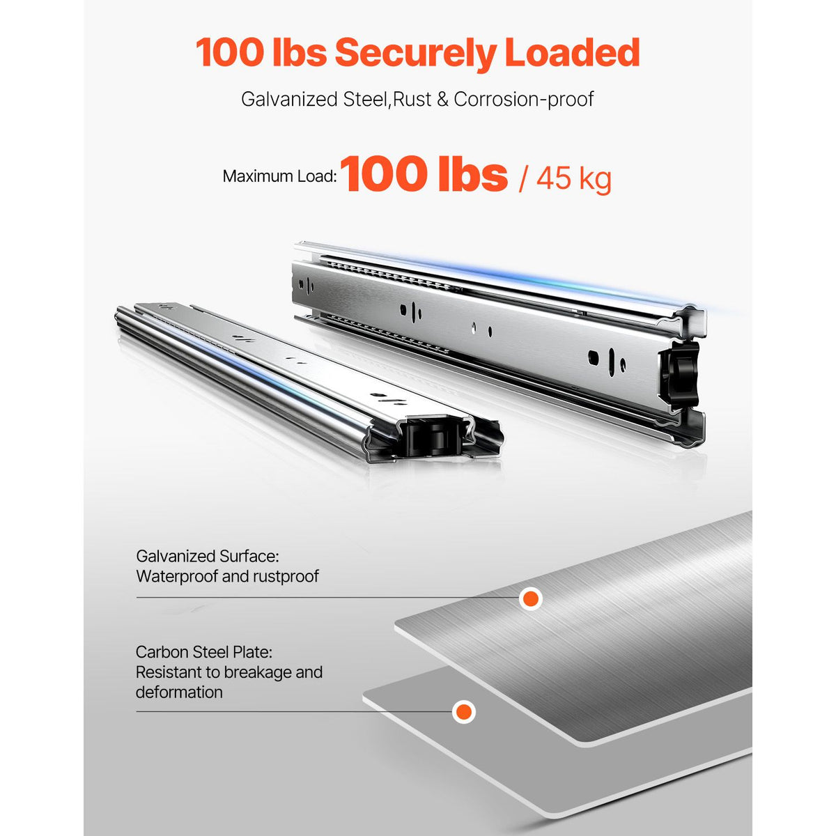 Drawer Slides, 20 inch, 10 Pairs Full Extension Ball Bearing Cabinet Rails, 100 LB Load Capacity Heavy Duty Side Mount Dresser Drawer Slides, Drawer Track Runners for Kitchen DIY Replacement
