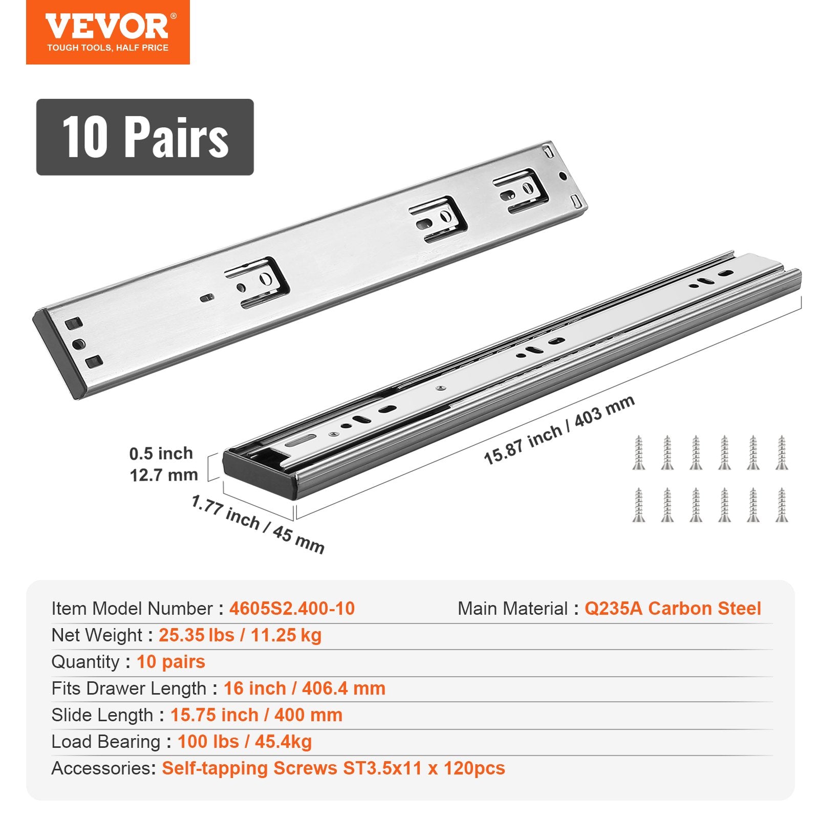 Basketball & Basketball Accessories: VEVOR 10 Pairs of 406.4mm Drawer Slides Side Mount Rails, Heavy Duty Full Extension Steel Track, Soft-Close Noiseless Guide Glides Cabinet Kitchen Runners with Ball Bearing, 100 Lbs Load Capacity
