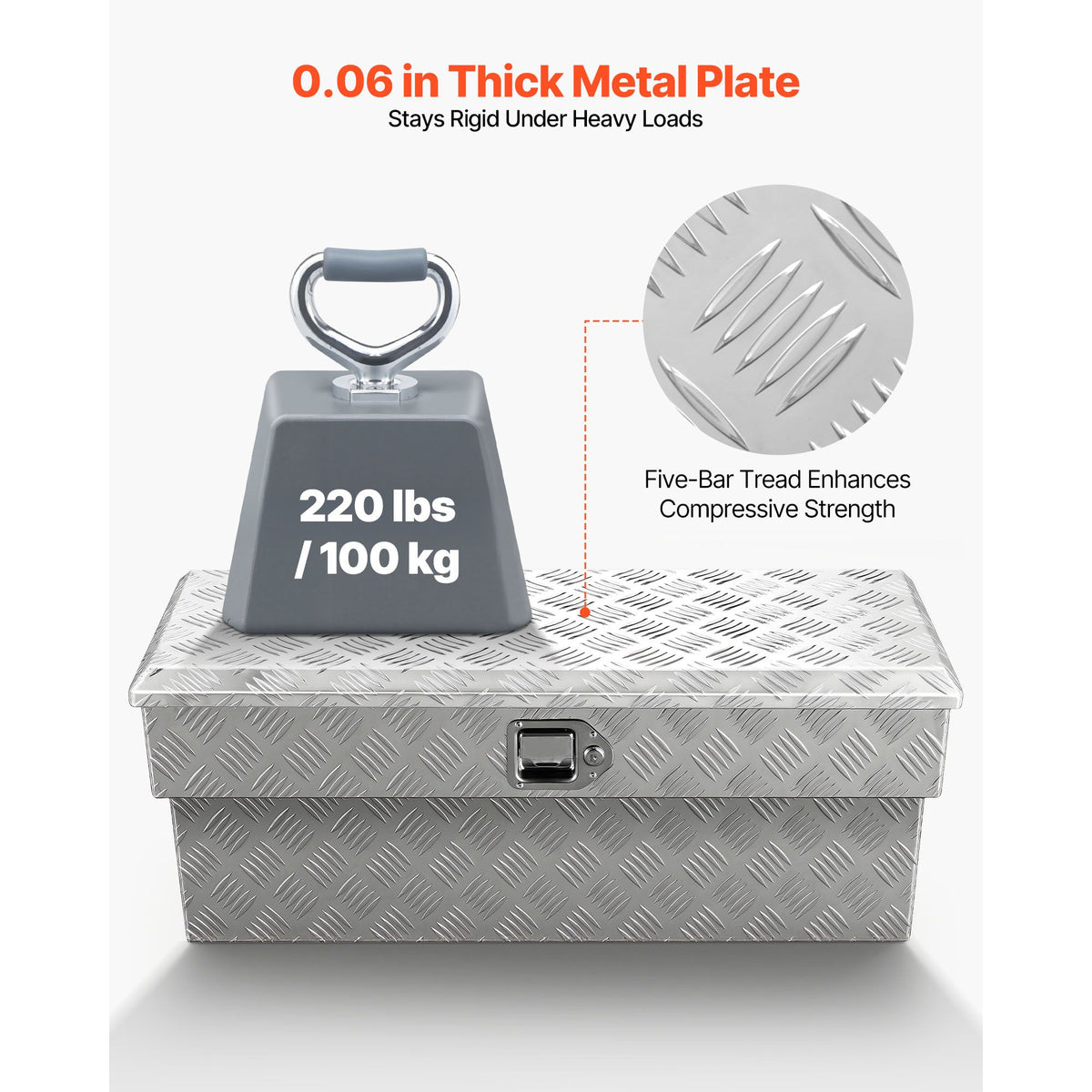 Truck Bed Tool Box, Heavy Duty Aluminum Tool Box with Tread Patterns, Storage Toolbox Chest Organizer with Lock and Key, Ideal for Pickup, Truck Bed, RV, Trailer, 864 x 305 x 390 mm, Silver