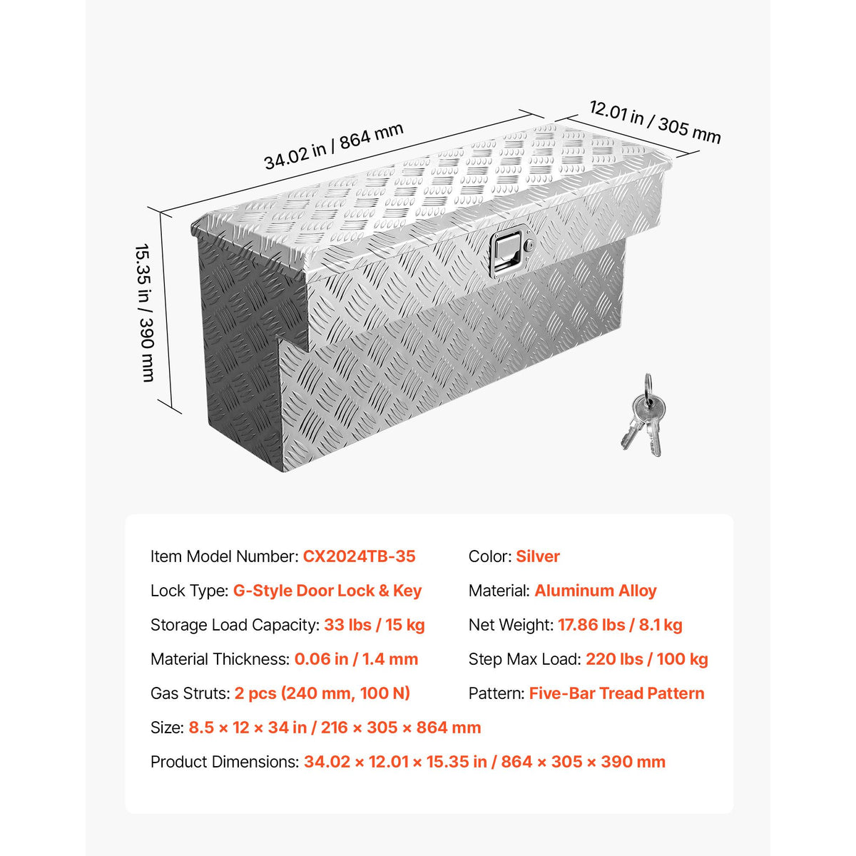 Truck Bed Tool Box, Heavy Duty Aluminum Tool Box with Tread Patterns, Storage Toolbox Chest Organizer with Lock and Key, Ideal for Pickup, Truck Bed, RV, Trailer, 864 x 305 x 390 mm, Silver