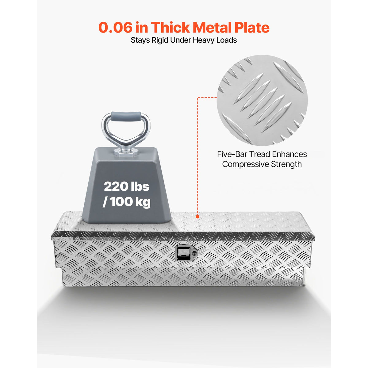 Truck Bed Tool Box, Heavy Duty Aluminum Tool Box with Tread Patterns, Storage Toolbox Chest Organizer with Lock and Key, Ideal for Pickup, Truck Bed, RV, Trailer, 1219 x 340 x 330 mm, Silver