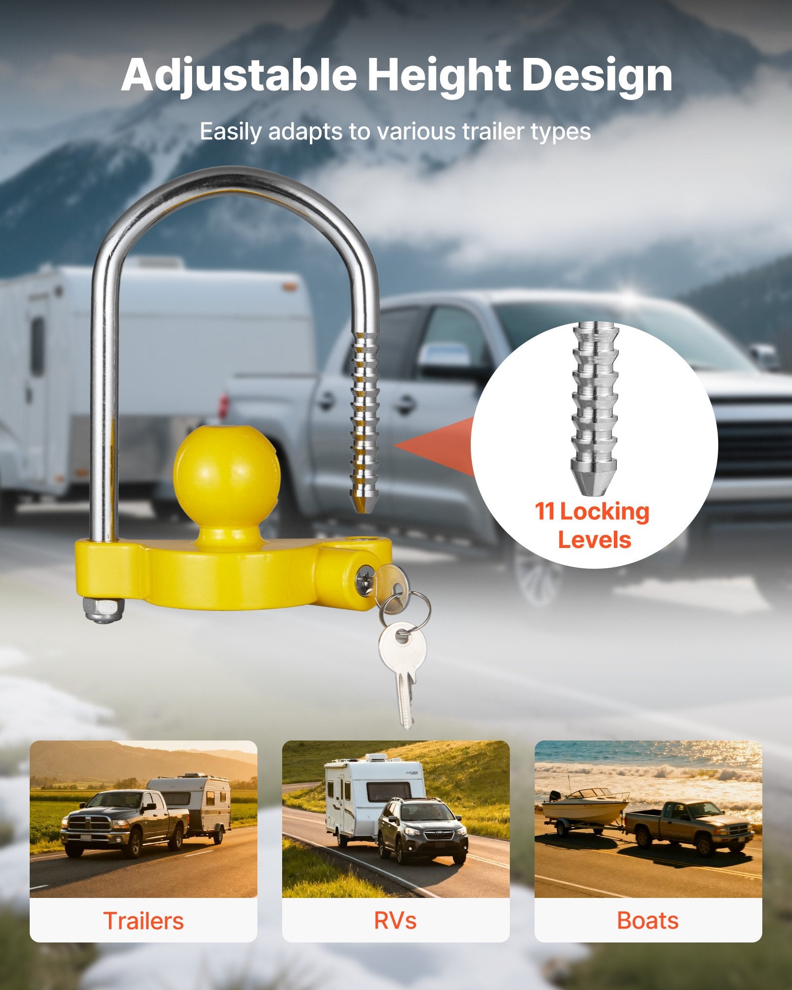Tool Blades: VEVOR Trailer Hitch Lock Kit, Fits for 46 mm, 50.8 mm, 58.7 mm Couplers, Heavy-Duty Anti-Theft Trailer Ball Lock with Keys, Prying-Resistant, Adjustable Height Design for RVs, Boats, Trailers