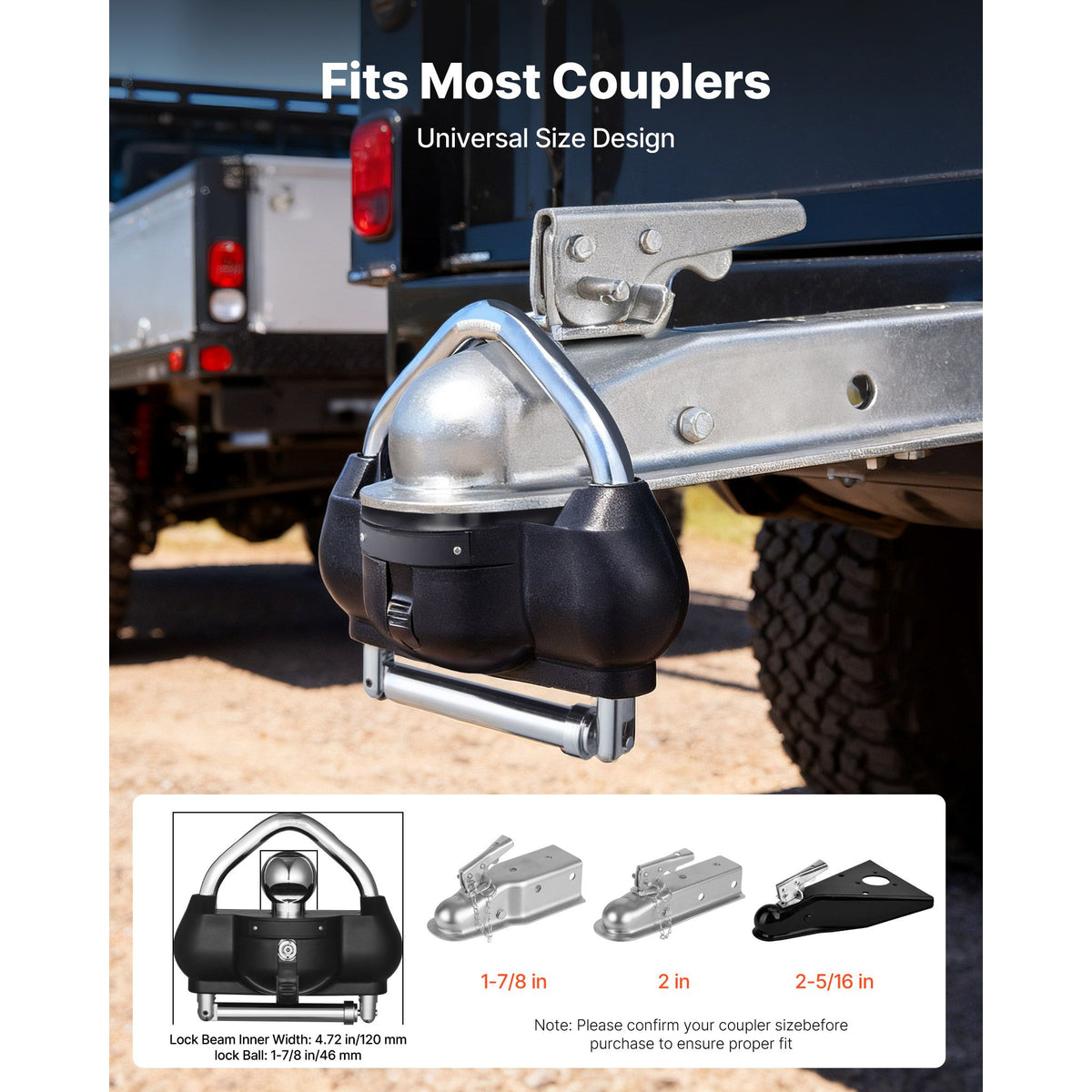 Trailer Hitch Lock, Fits for 46 mm, 50.8 mm, 58.7 mm Couplers, Heavy-Duty Anti-Theft Trailer Ball Lock with 3 Keys, Prying-Resistant, Adjustable Height Design for RVs, Boats, Trailers, Black