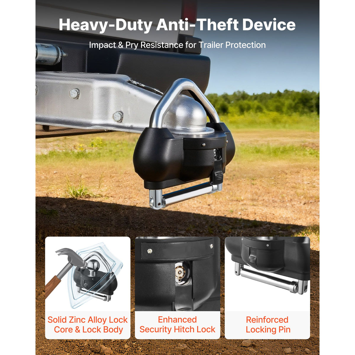 Trailer Hitch Lock, Fits for 46 mm, 50.8 mm, 58.7 mm Couplers, Heavy-Duty Anti-Theft Trailer Ball Lock with 3 Keys, Prying-Resistant, Adjustable Height Design for RVs, Boats, Trailers, Black