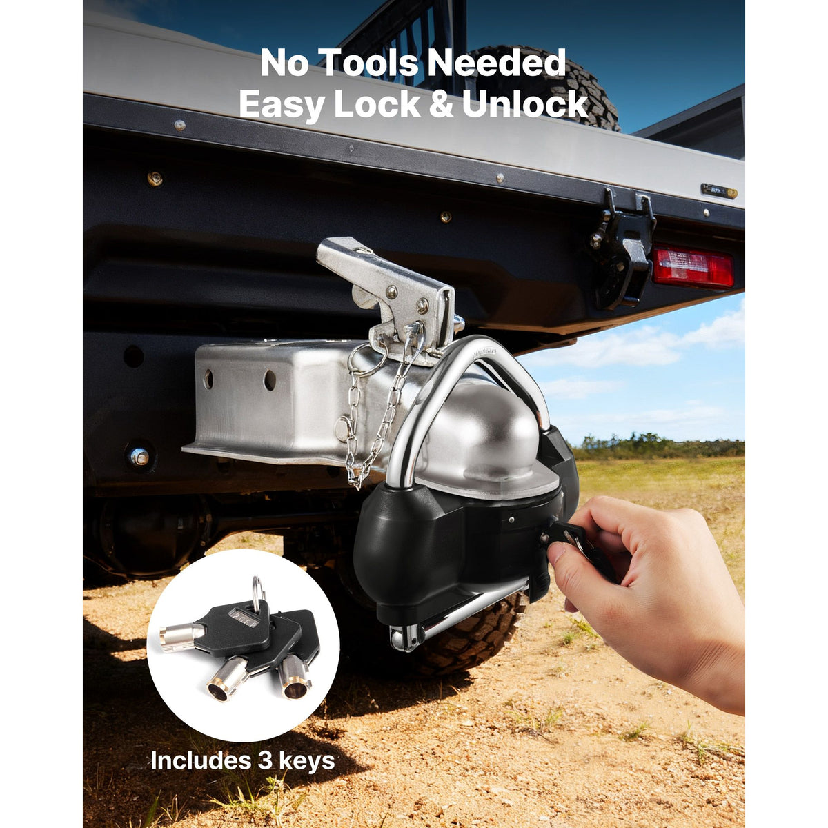 Trailer Hitch Lock, Fits for 46 mm, 50.8 mm, 58.7 mm Couplers, Heavy-Duty Anti-Theft Trailer Ball Lock with 3 Keys, Prying-Resistant, Adjustable Height Design for RVs, Boats, Trailers, Black