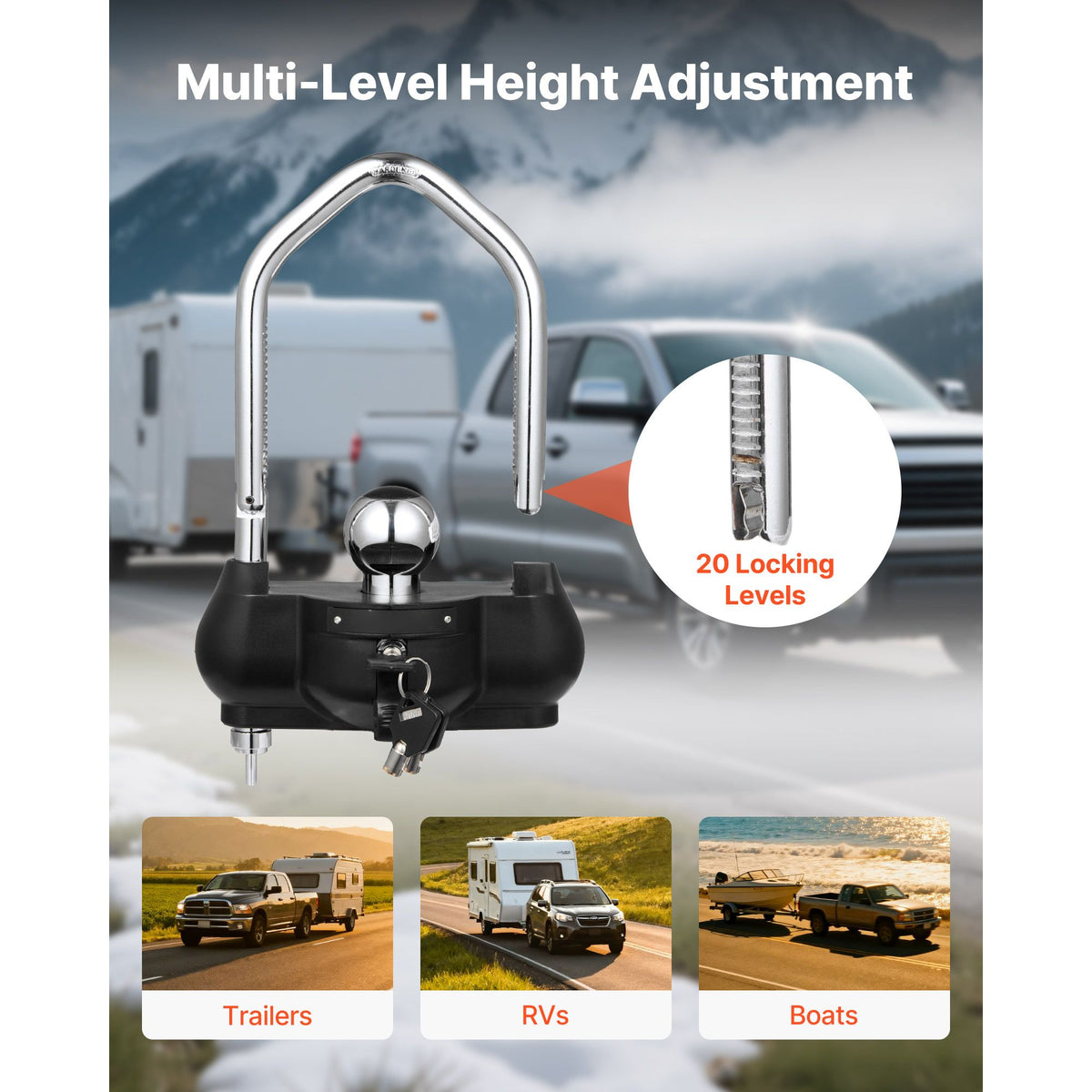 Trailer Hitch Lock, Fits for 46 mm, 50.8 mm, 58.7 mm Couplers, Heavy-Duty Anti-Theft Trailer Ball Lock with 3 Keys, Prying-Resistant, Adjustable Height Design for RVs, Boats, Trailers, Black