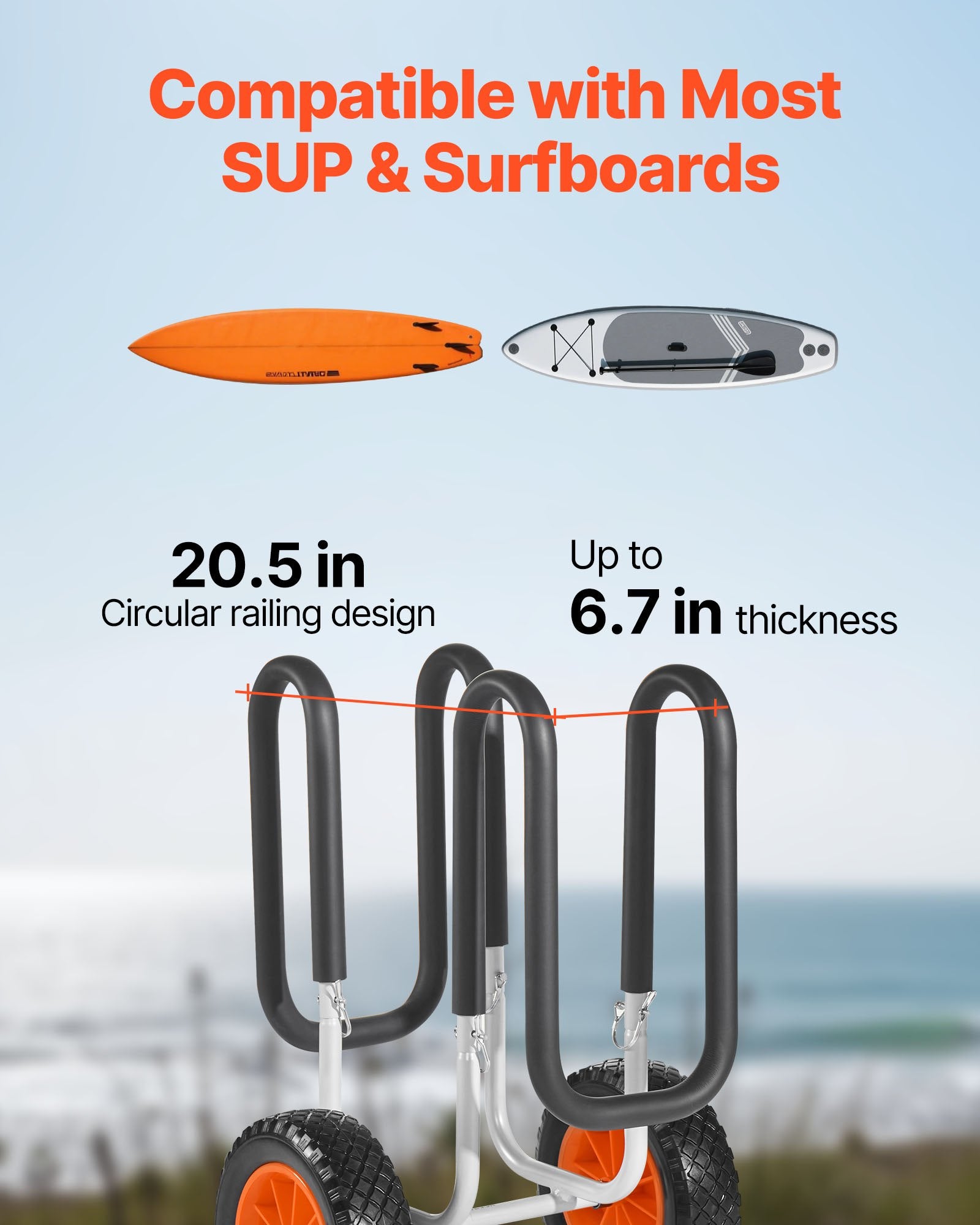 Canoes & Kayaks: VEVOR Kayak Cart, 68.0 kg Load Capacity, Stand Up Paddle Board Trolley with 25.4 cm Solid Rubber Tires & Kickstands, Paddle Board Carrier with Ratchet Strap for Paddleboard & Surfboard Transport