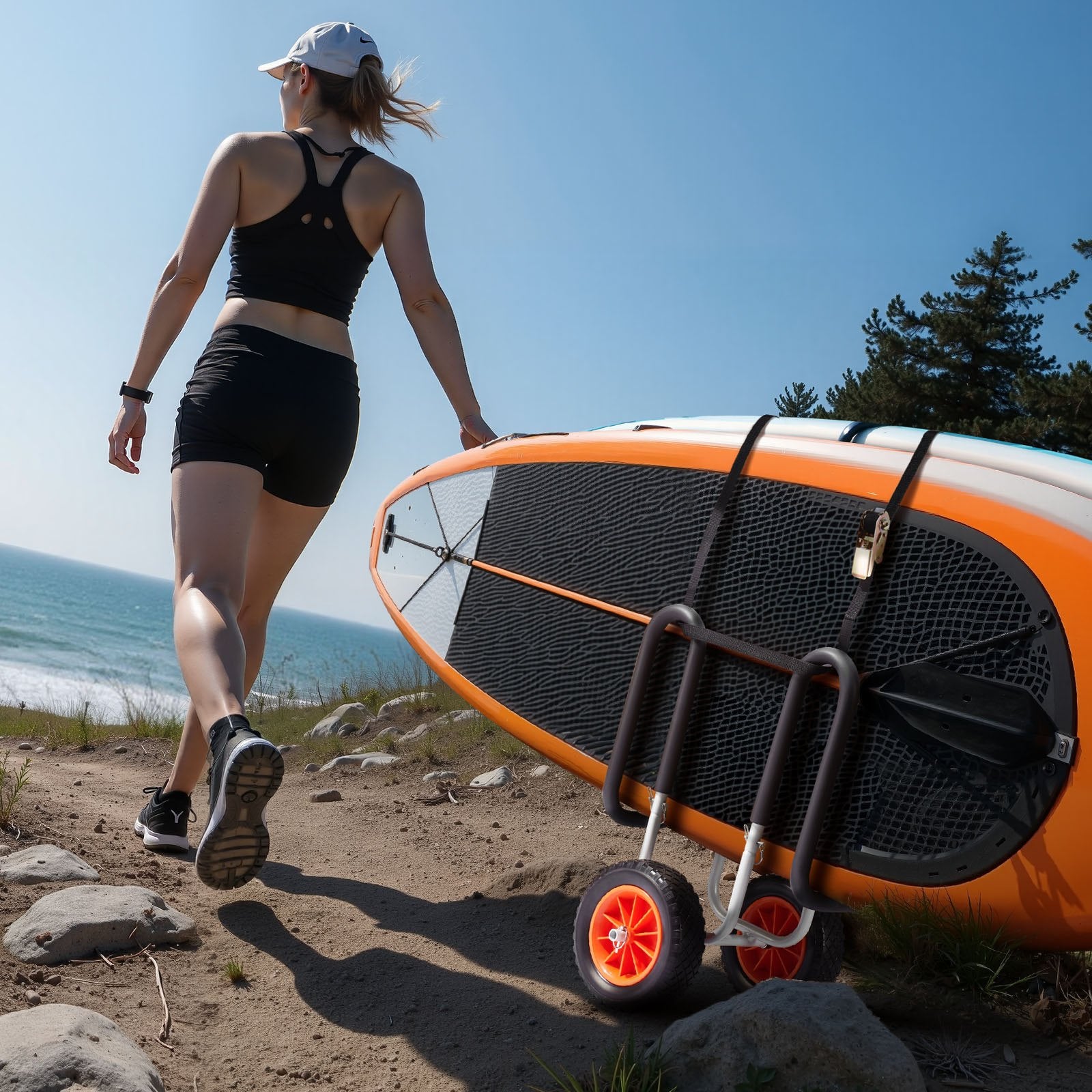 Canoes & Kayaks: VEVOR Kayak Cart, 68.0 kg Load Capacity, Stand Up Paddle Board Trolley with 25.4 cm Solid Rubber Tires & Kickstands, Paddle Board Carrier with Ratchet Strap for Paddleboard & Surfboard Transport
