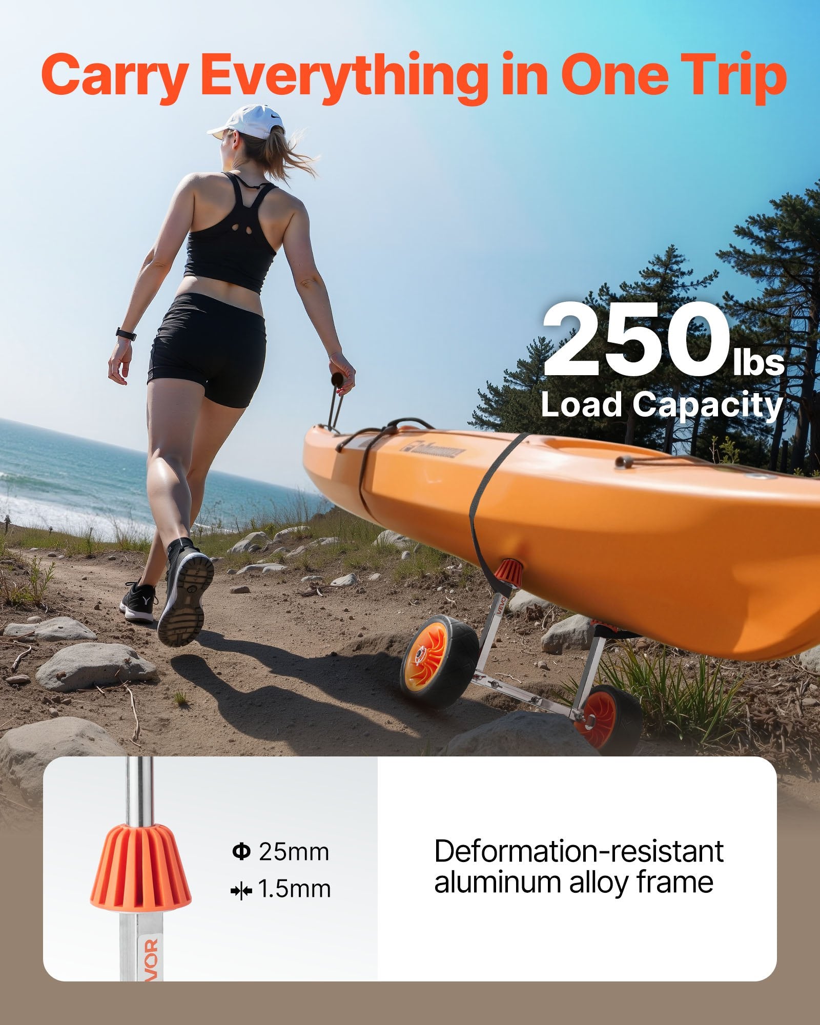 Canoes & Kayaks: VEVOR Kayak Cart, 113.4 kg Load Capacity, Canoe Cart Dolly with 19.1 cm Solid Rubber Tires & Kickstand, Assembles & Disassembles Within Seconds, Paddle Board Trolley for Kayaks, Canoes, Paddleboards