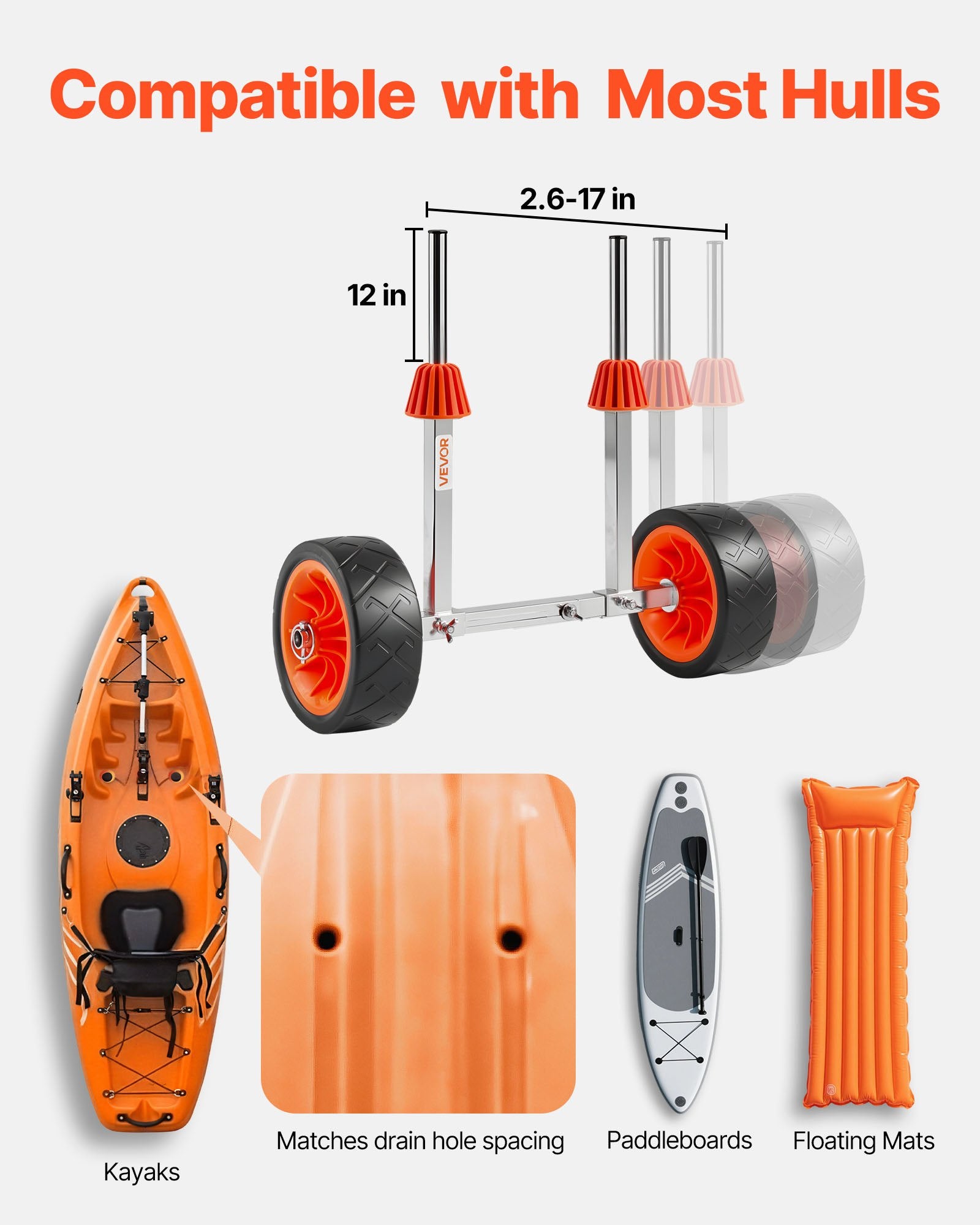 Canoes & Kayaks: VEVOR Kayak Cart, 113.4 kg Load Capacity, Canoe Cart Dolly with 19.1 cm Solid Rubber Tires & Kickstand, Assembles & Disassembles Within Seconds, Paddle Board Trolley for Kayaks, Canoes, Paddleboards