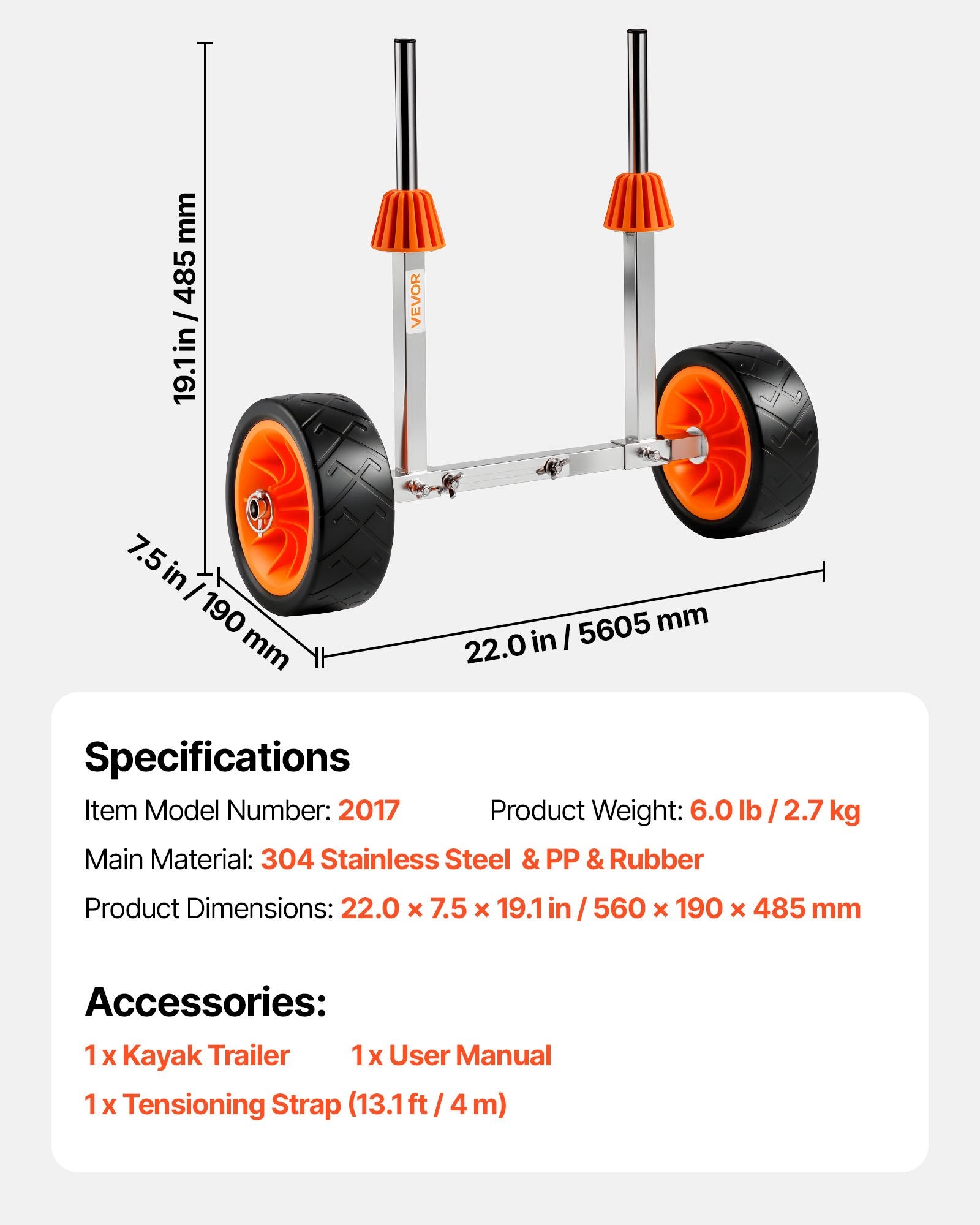 Canoes & Kayaks: VEVOR Kayak Cart, 113.4 kg Load Capacity, Canoe Cart Dolly with 19.1 cm Solid Rubber Tires & Kickstand, Assembles & Disassembles Within Seconds, Paddle Board Trolley for Kayaks, Canoes, Paddleboards