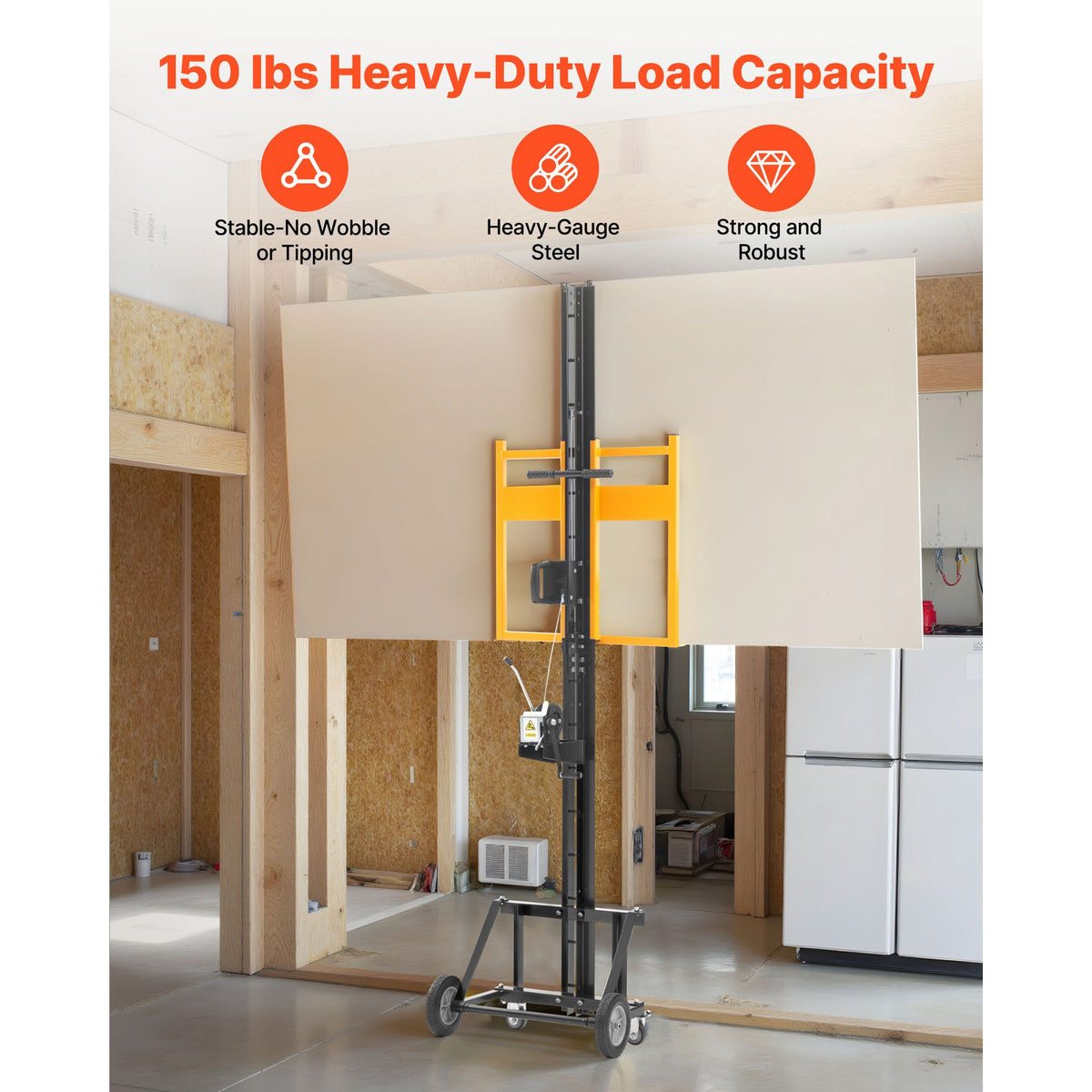 Drywall Lift, Heavy-Duty 68 kg Sheetrock Hoist for Wall Installation, One Person Drywall Installation, 1219x4878 mm Max. Panel Vertical Lifter with Wheels, Easy Transport (Yellow)