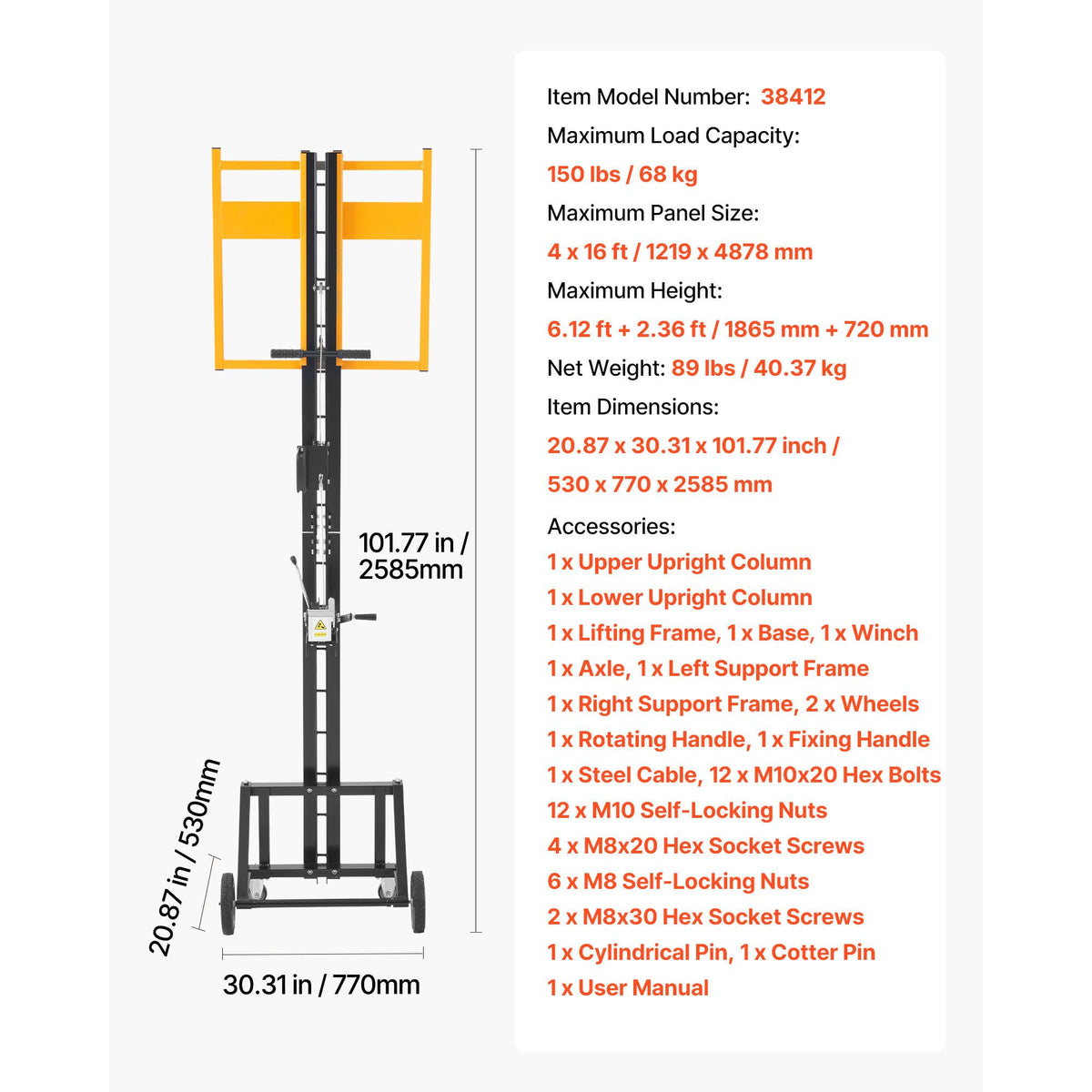 Drywall Lift, Heavy-Duty 68 kg Sheetrock Hoist for Wall Installation, One Person Drywall Installation, 1219x4878 mm Max. Panel Vertical Lifter with Wheels, Easy Transport (Yellow)