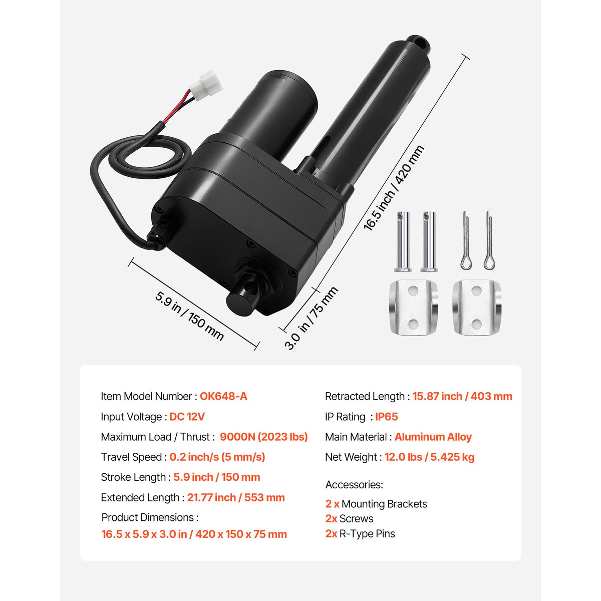 12V Linear Actuator, 150mm Stroke Ultra Heavy-Duty 9000N Linear Motion Actuator, IP65-Rated 5mm/s with Mounting Brackets for Industrial Machinery Vessels, Heavy Lifting Systems
