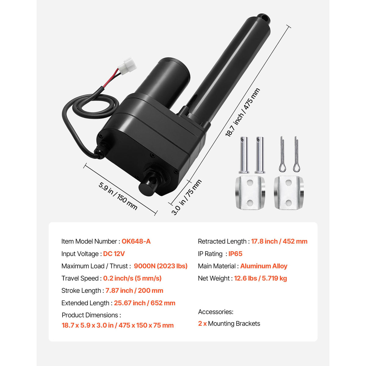 12V Linear Actuator, 200mm Stroke Ultra Heavy-Duty 9000N Linear Motion Actuator, IP65-Rated 5mm/s with Mounting Brackets for Industrial Machinery Vessels, Heavy Lifting Systems