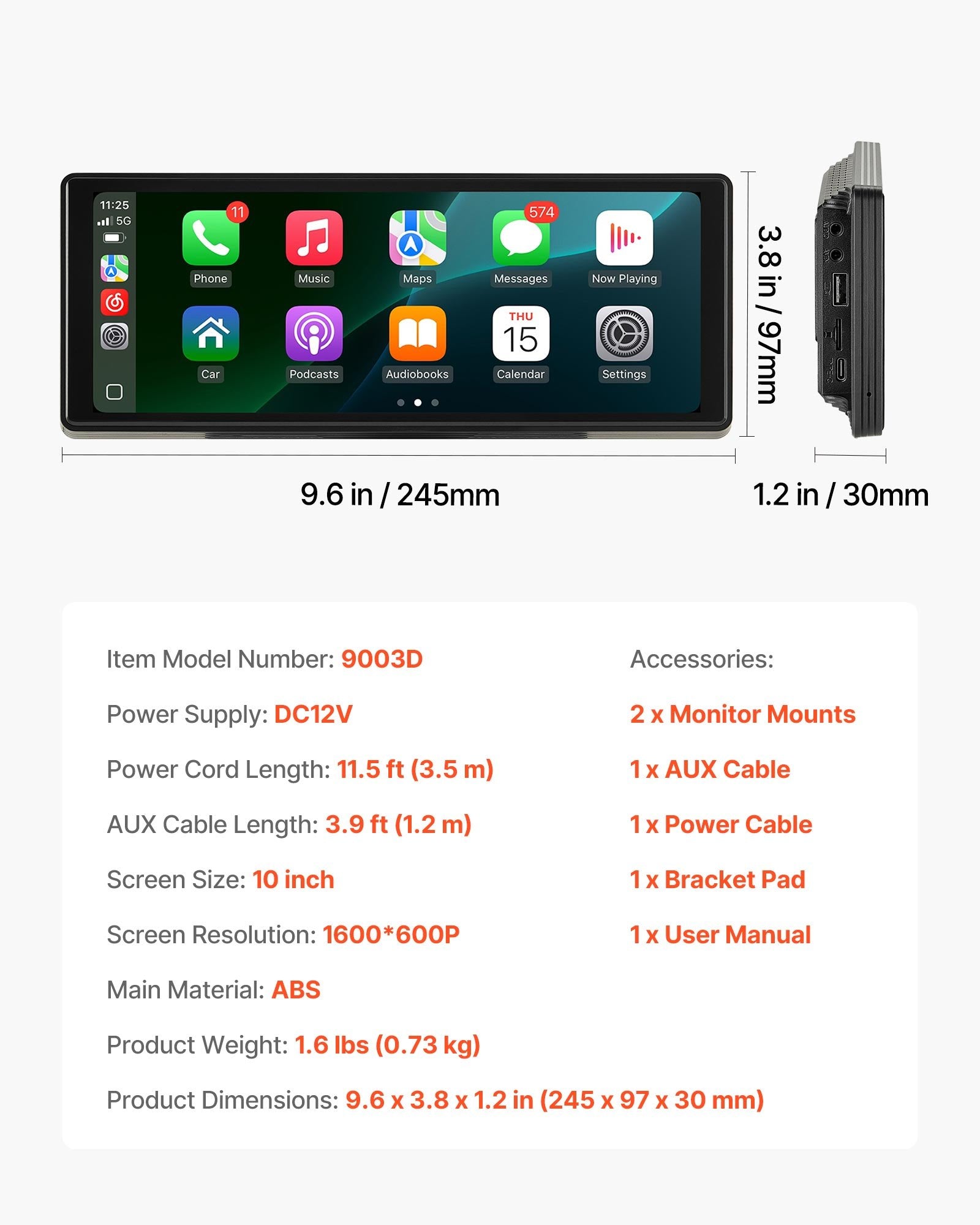 Car Stereo Radio CarPlay Touchscreen 254 mm Apple Android Auto Bluetooth