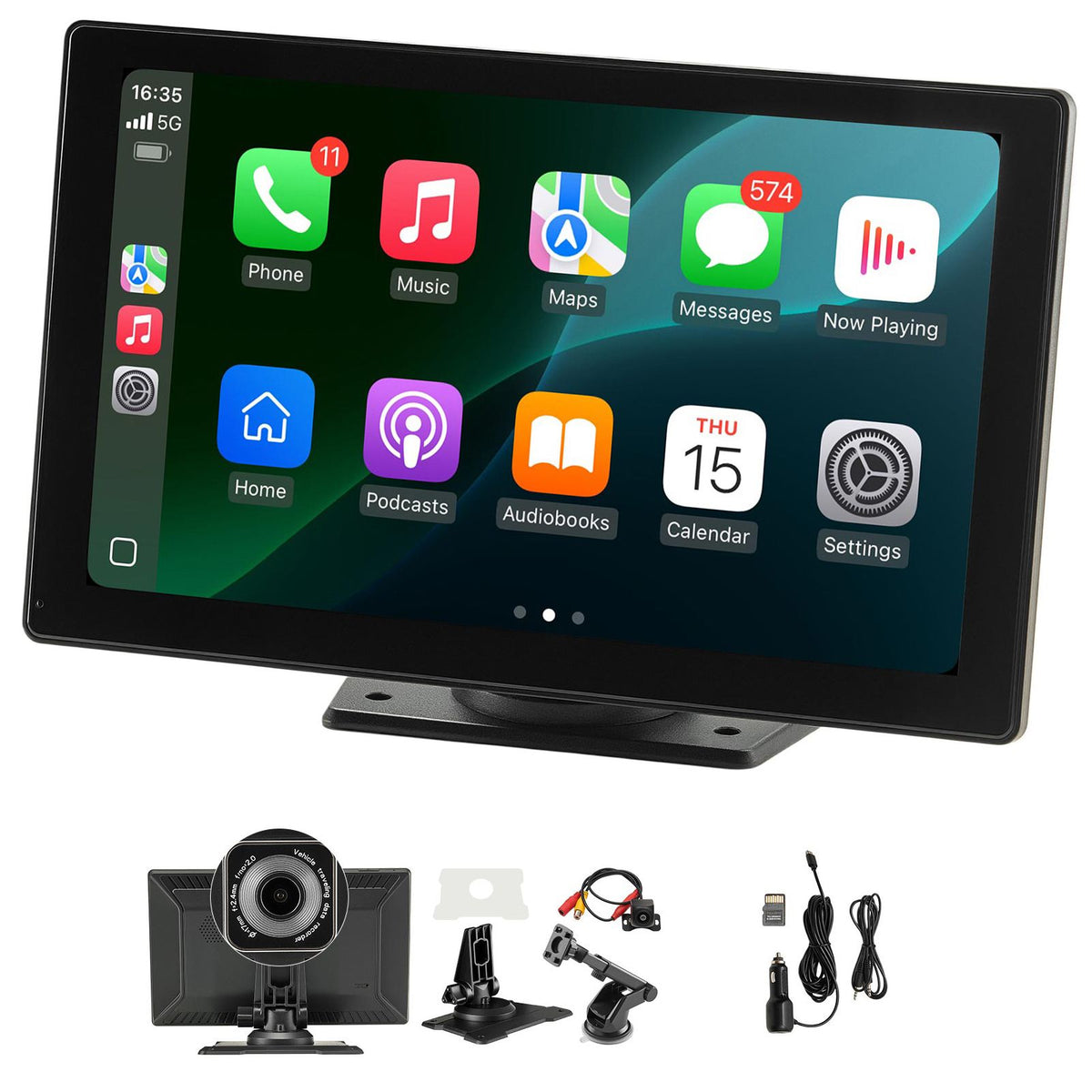 Wireless Car Stereo, 228.6mm HD Portable Radio Touch Screen with Apple CarPlay and Android Auto, CarPlay Screen with Front & Backup Cameras, Voice Control, Mirror Link, Bluetooth, GPS Navigation