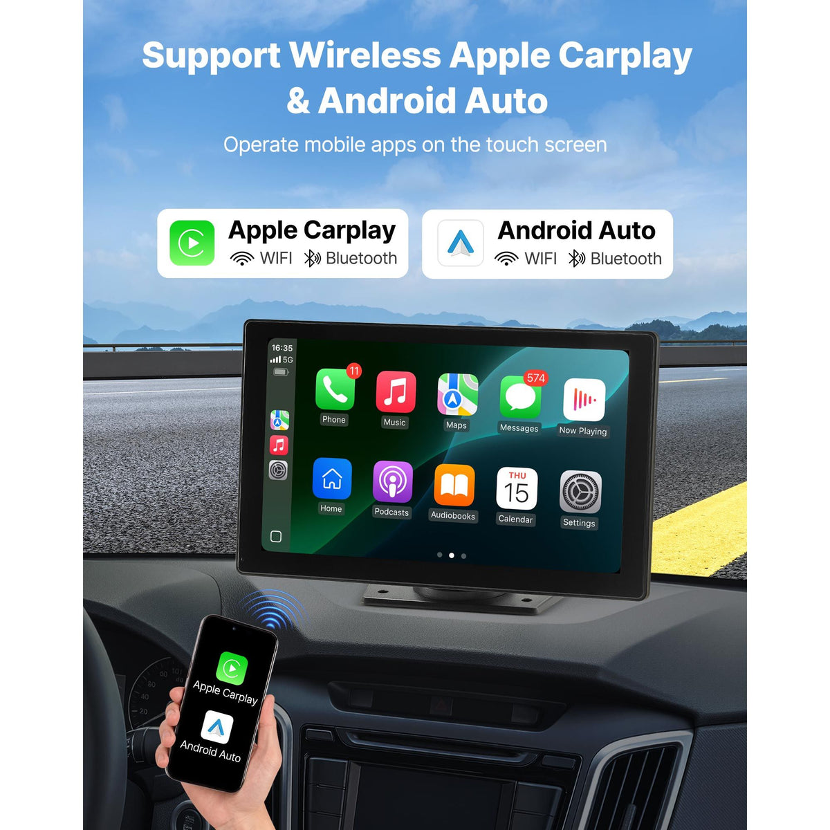 Wireless Car Stereo, 228.6mm HD Portable Radio Touch Screen with Apple CarPlay and Android Auto, CarPlay Screen with Front & Backup Cameras, Voice Control, Mirror Link, Bluetooth, GPS Navigation